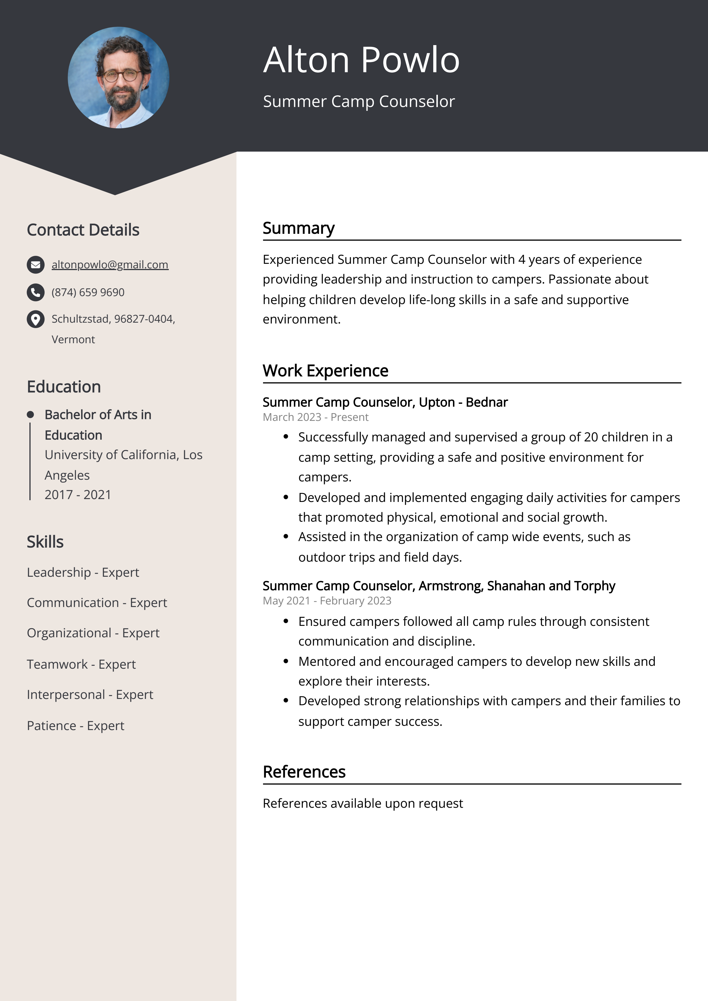 Summer Camp Counselor CV Example