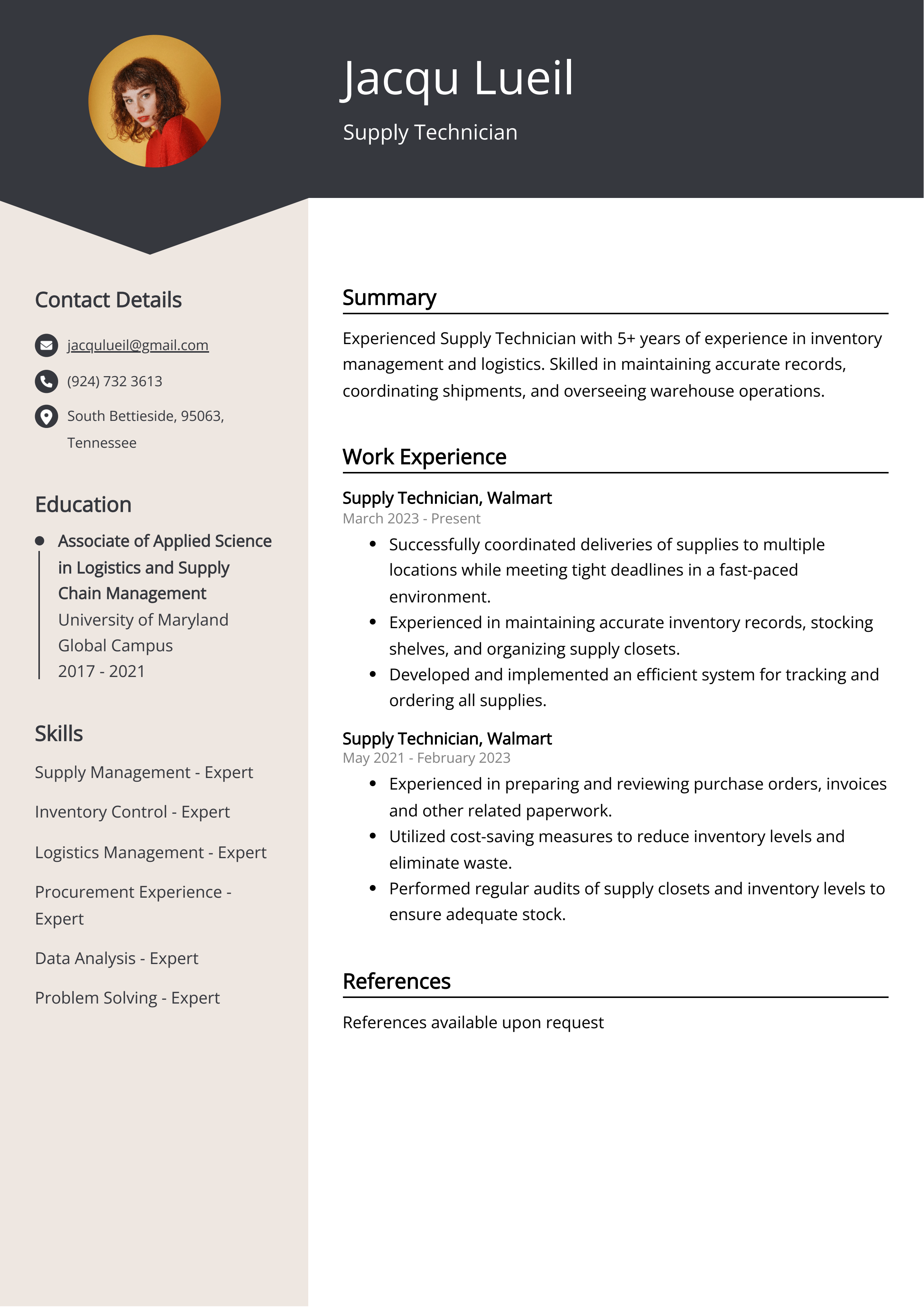 Supply Technician CV Example