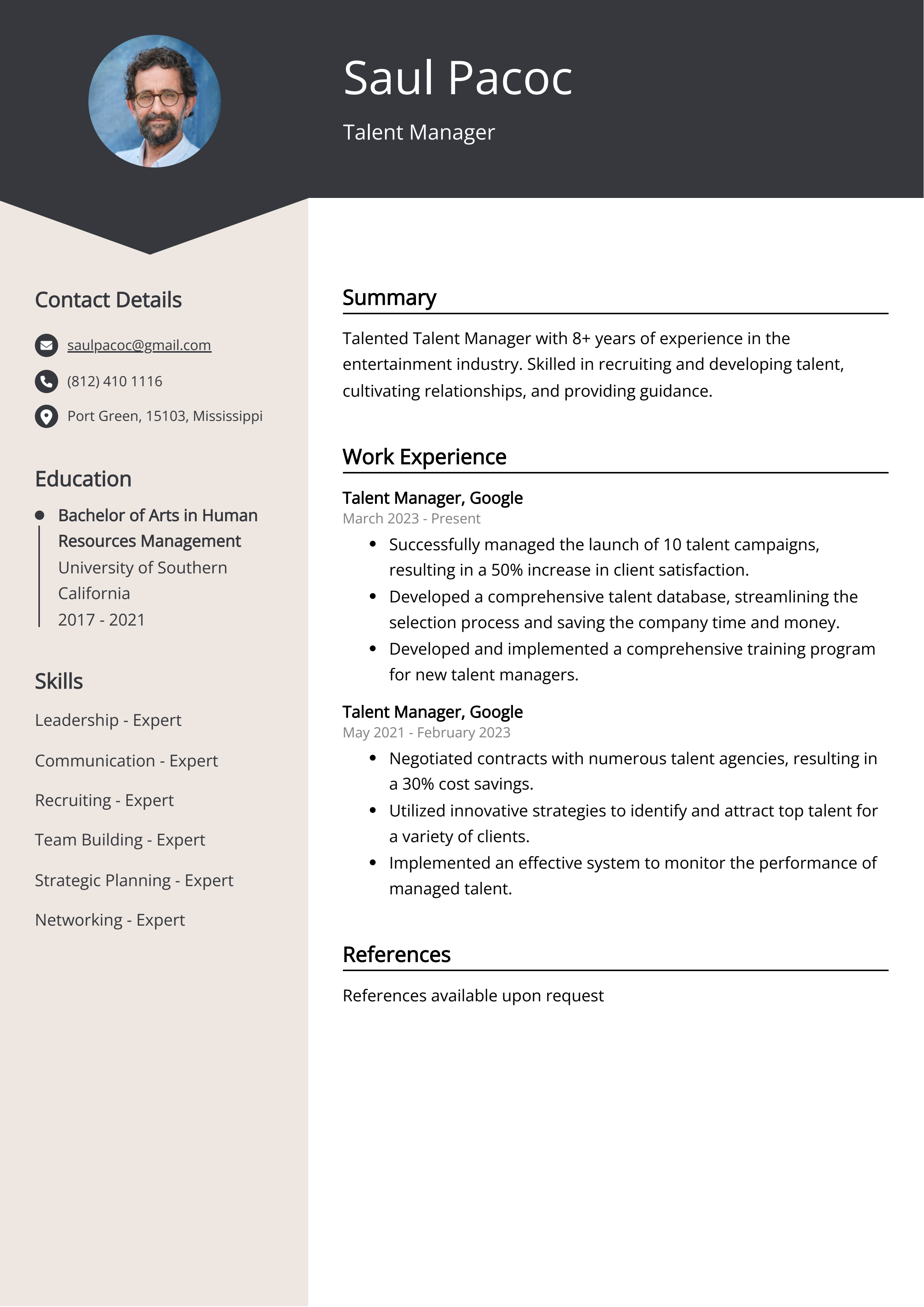 Talent Manager CV Example