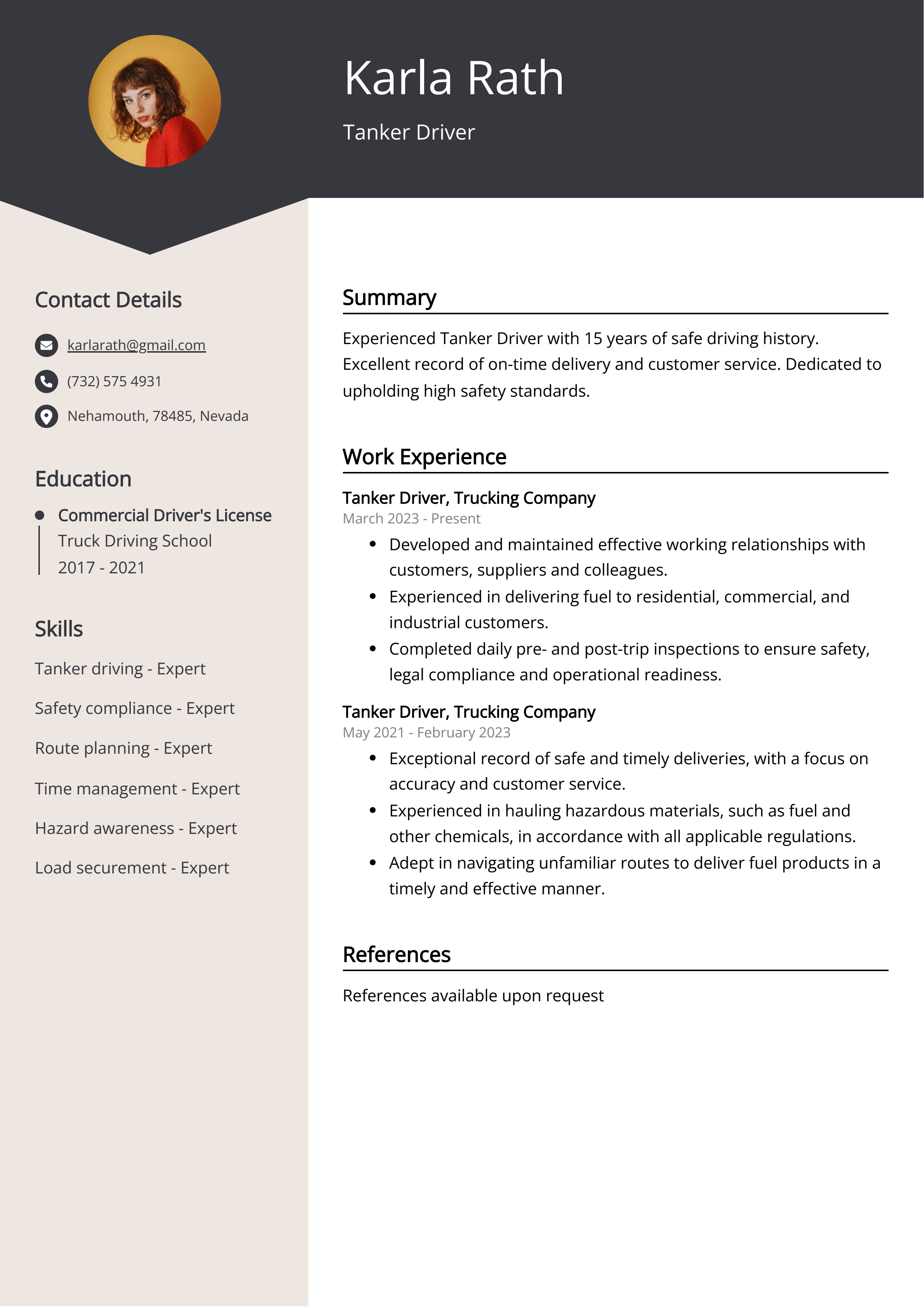 Tanker Driver CV Example