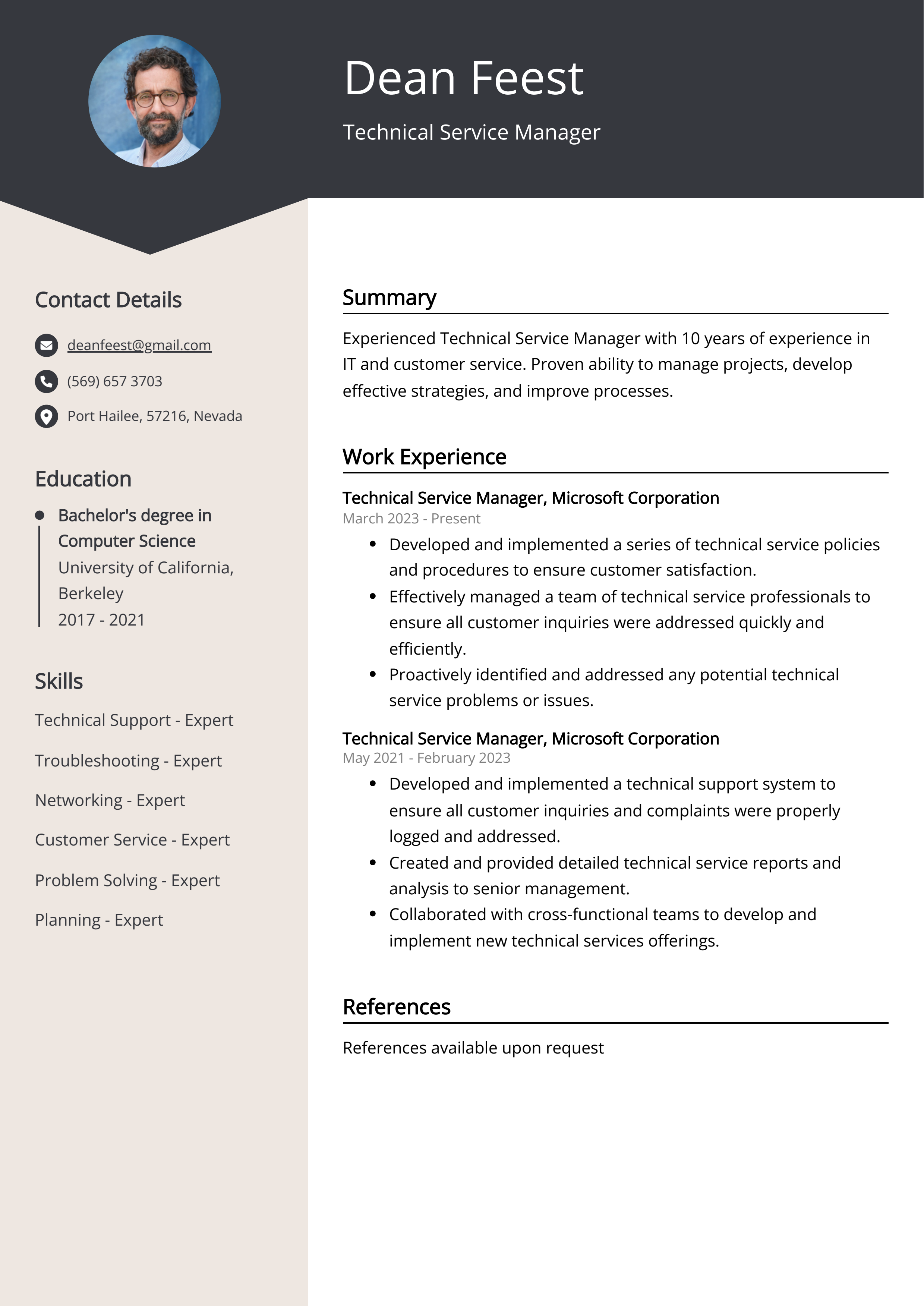 Technical Service Manager CV Example