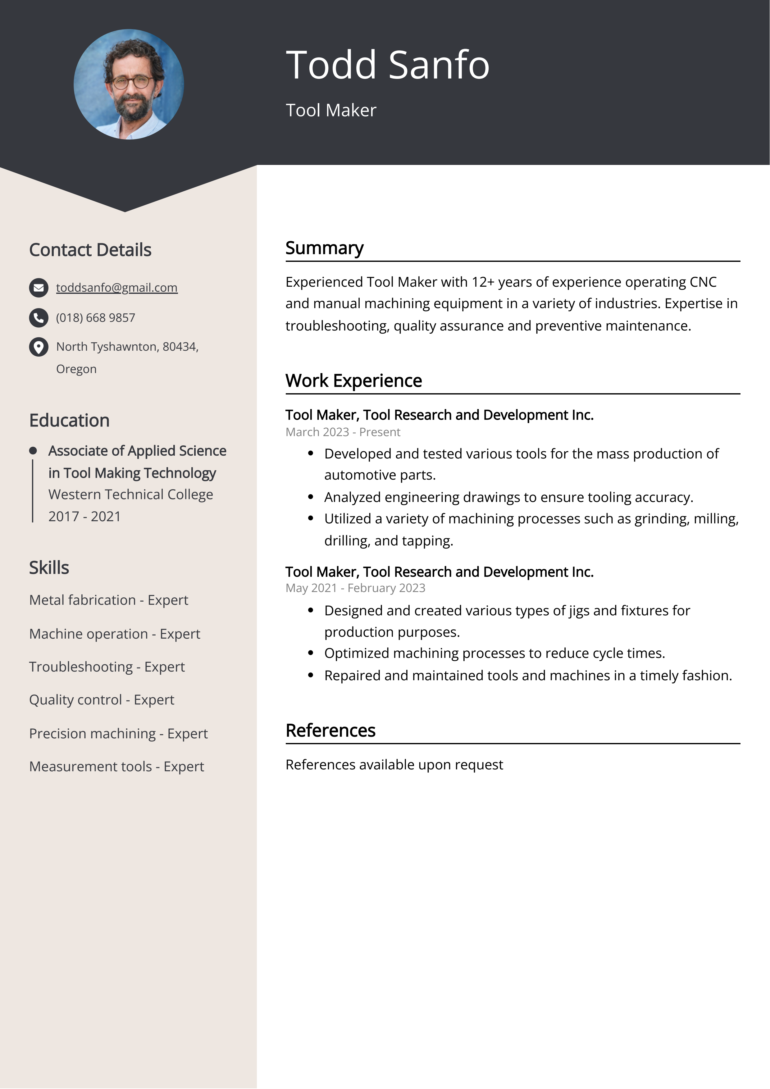 Tool Maker CV Example