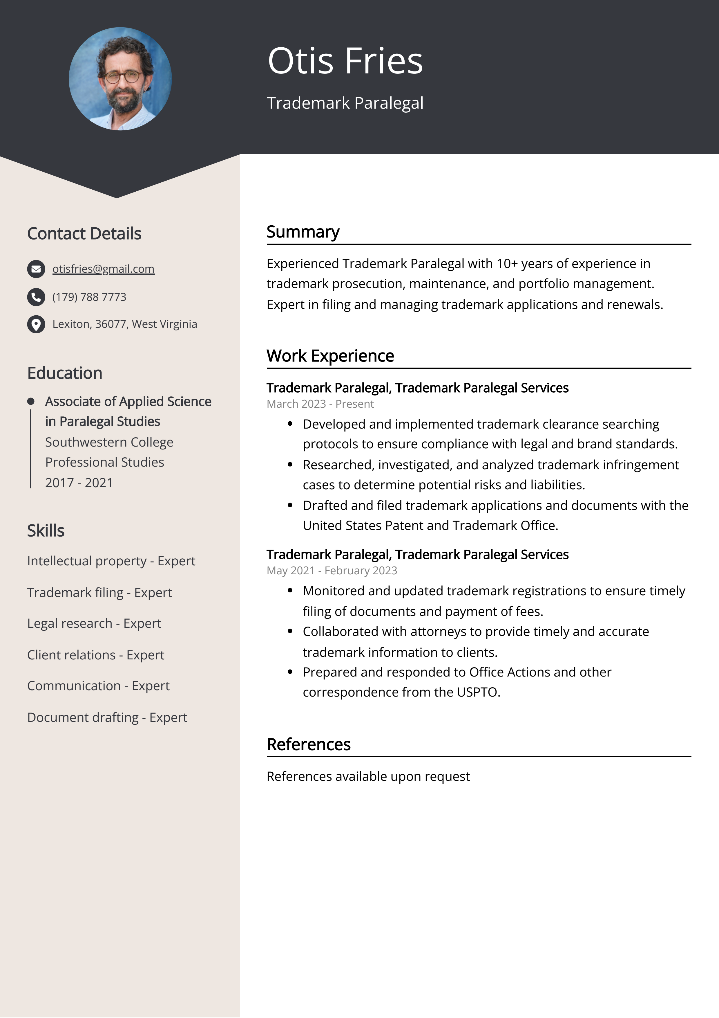 Trademark Paralegal CV Example