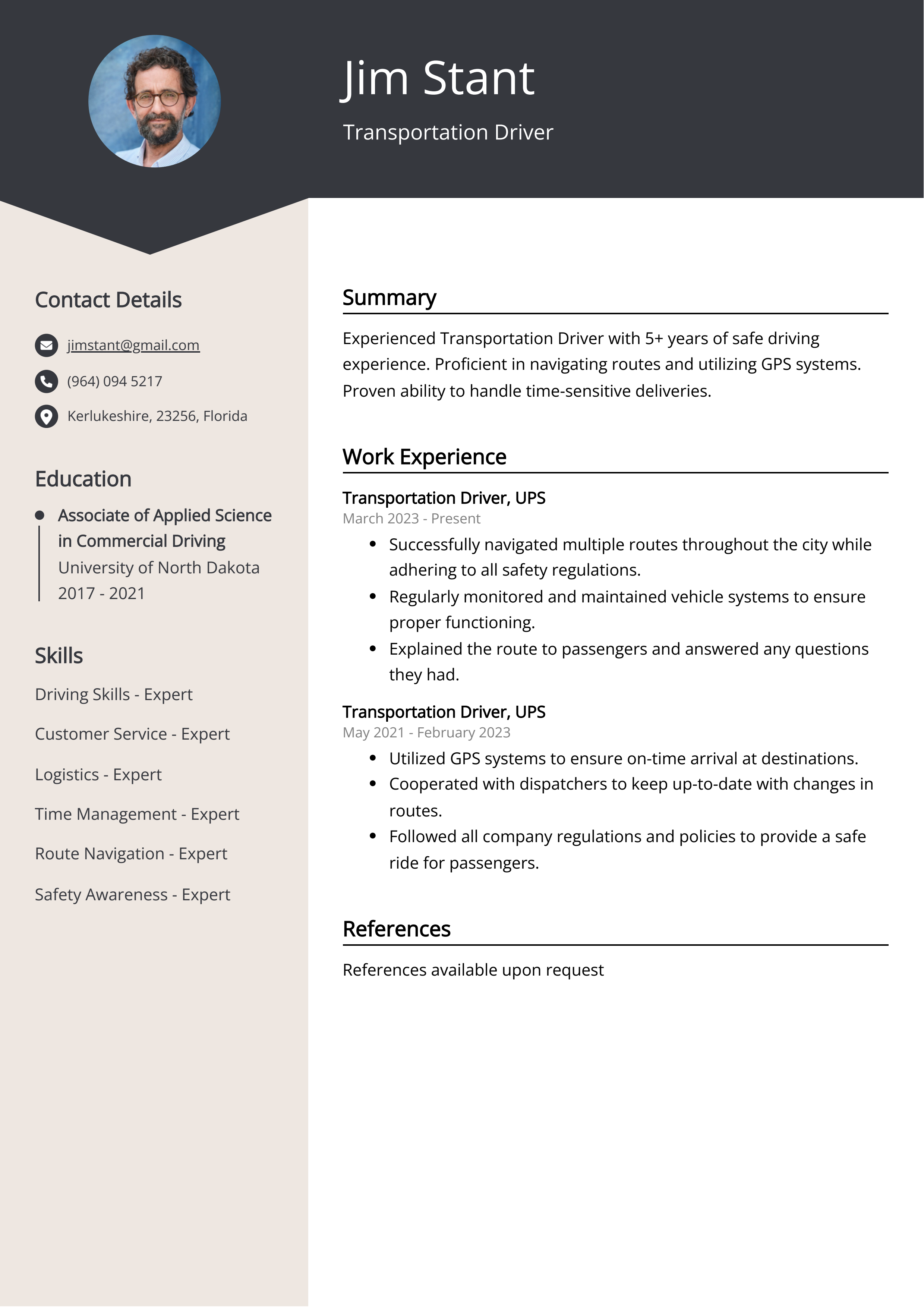 Transportation Driver CV Example