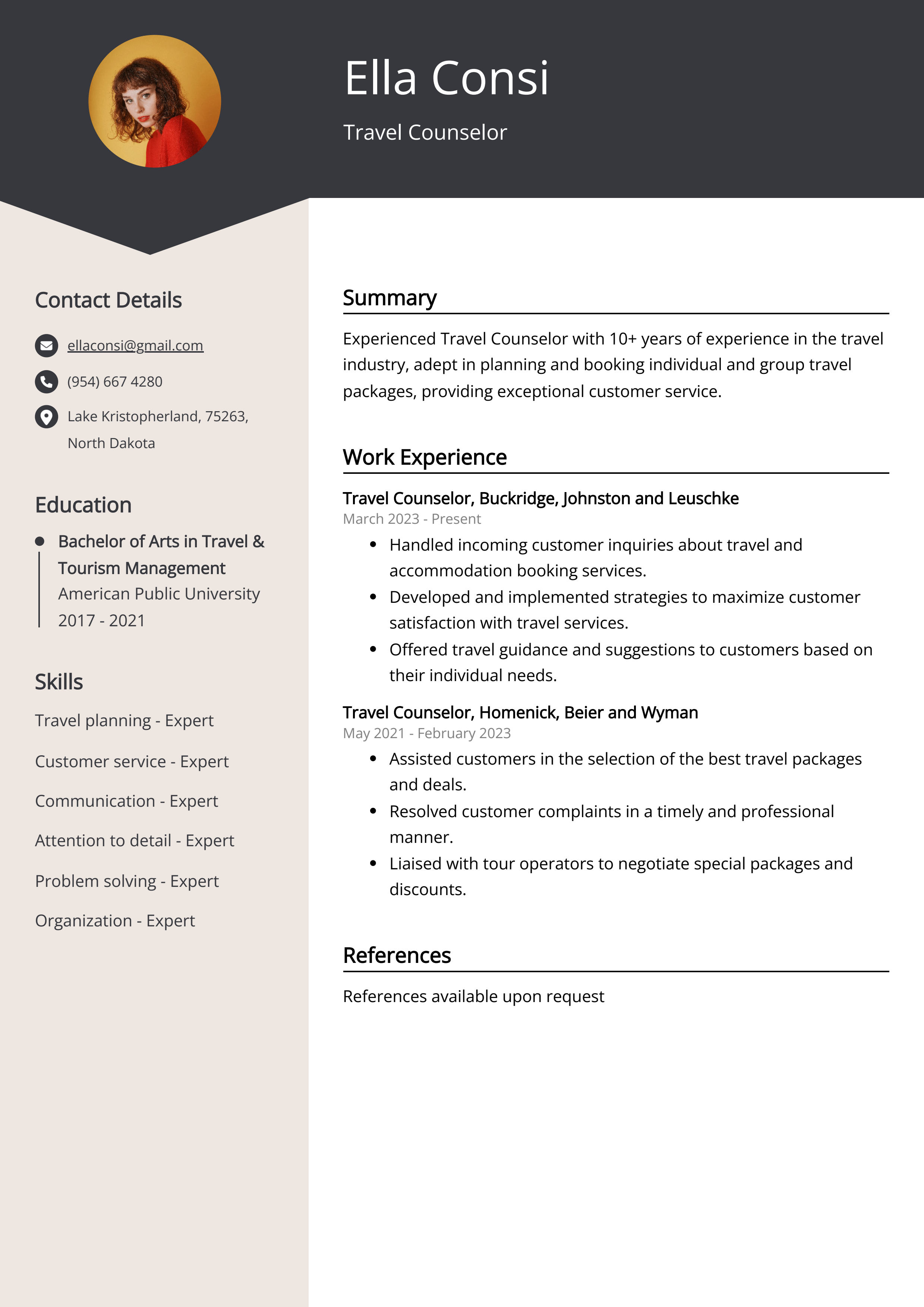 Travel Counselor CV Example