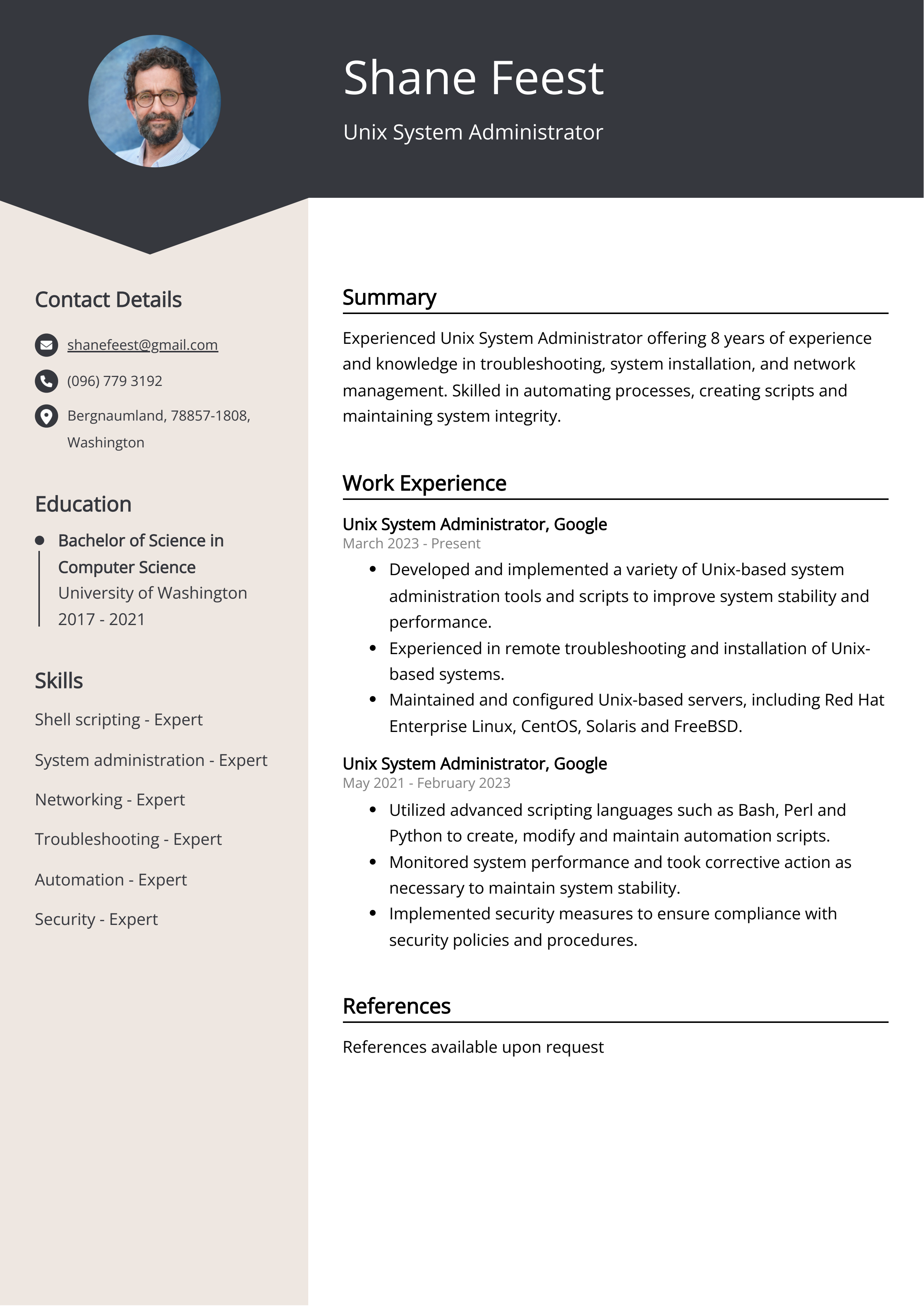 Unix System Administrator CV Example