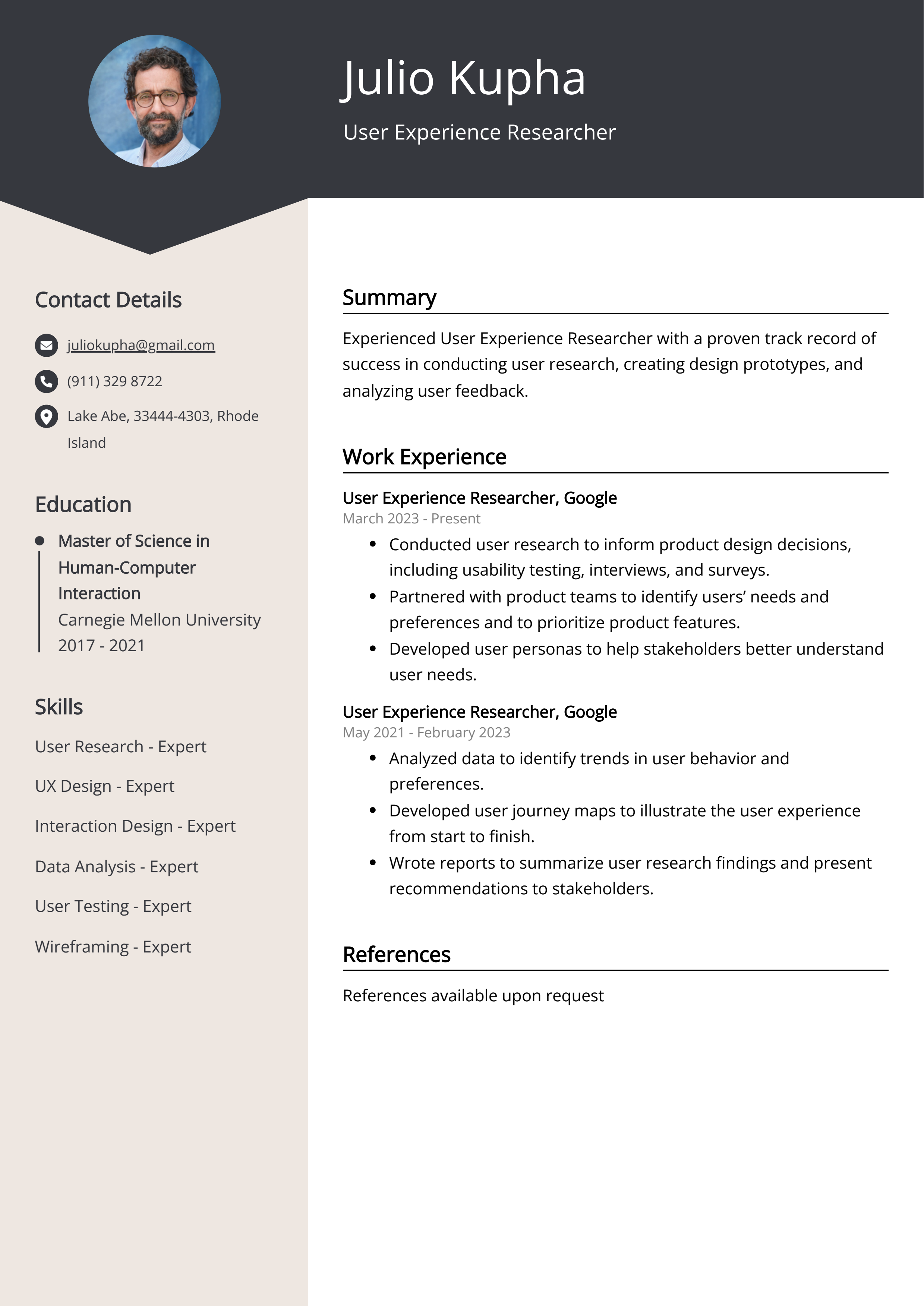 User Experience Researcher CV Example