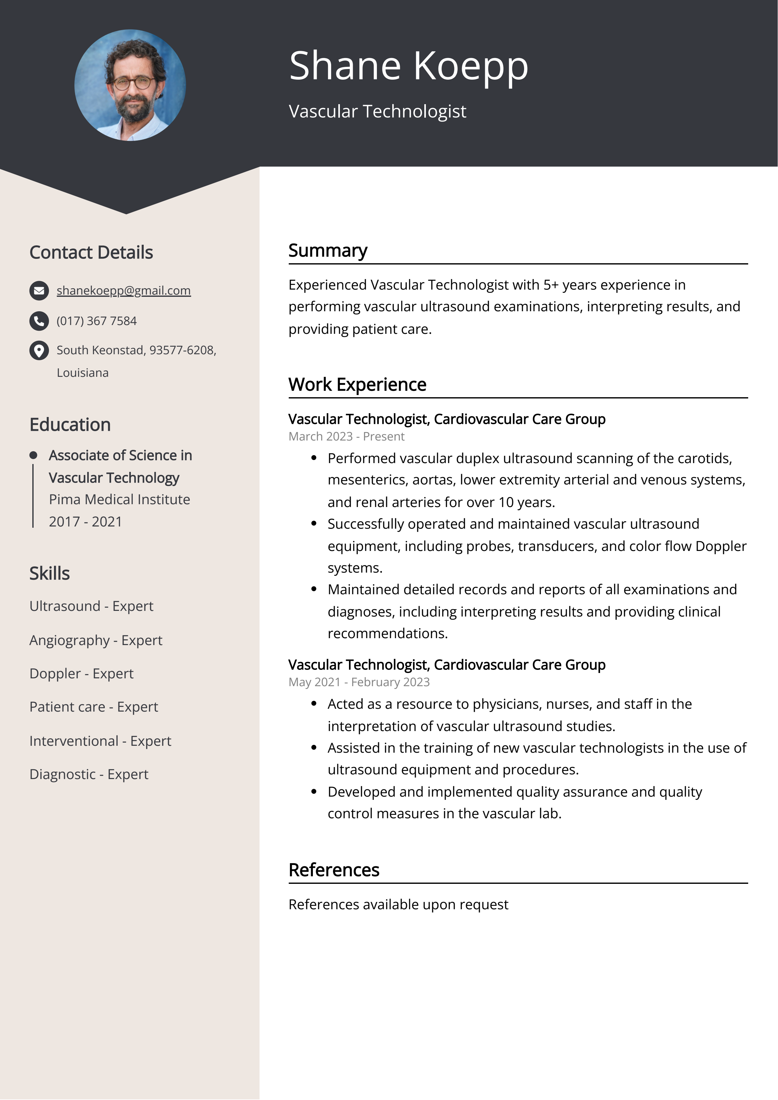 Vascular Technologist CV Example