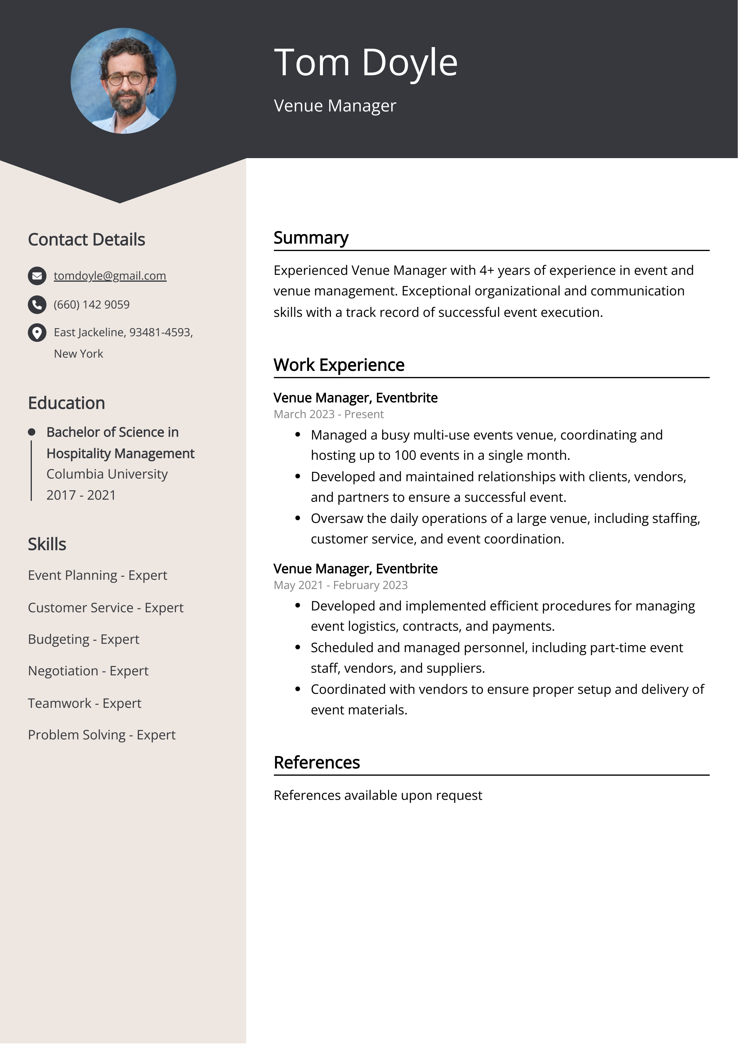 Venue Manager CV Example