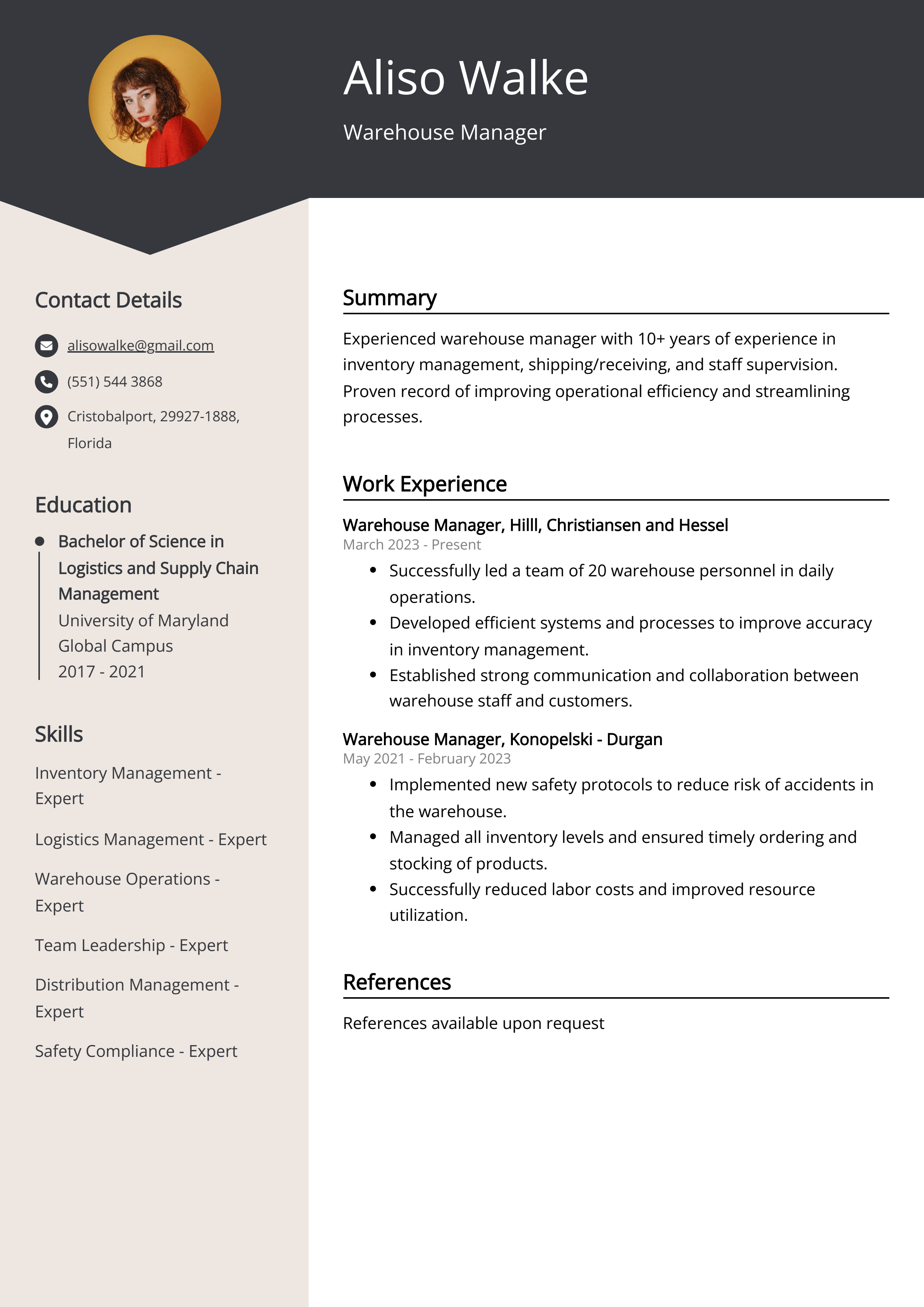Warehouse Manager CV Example
