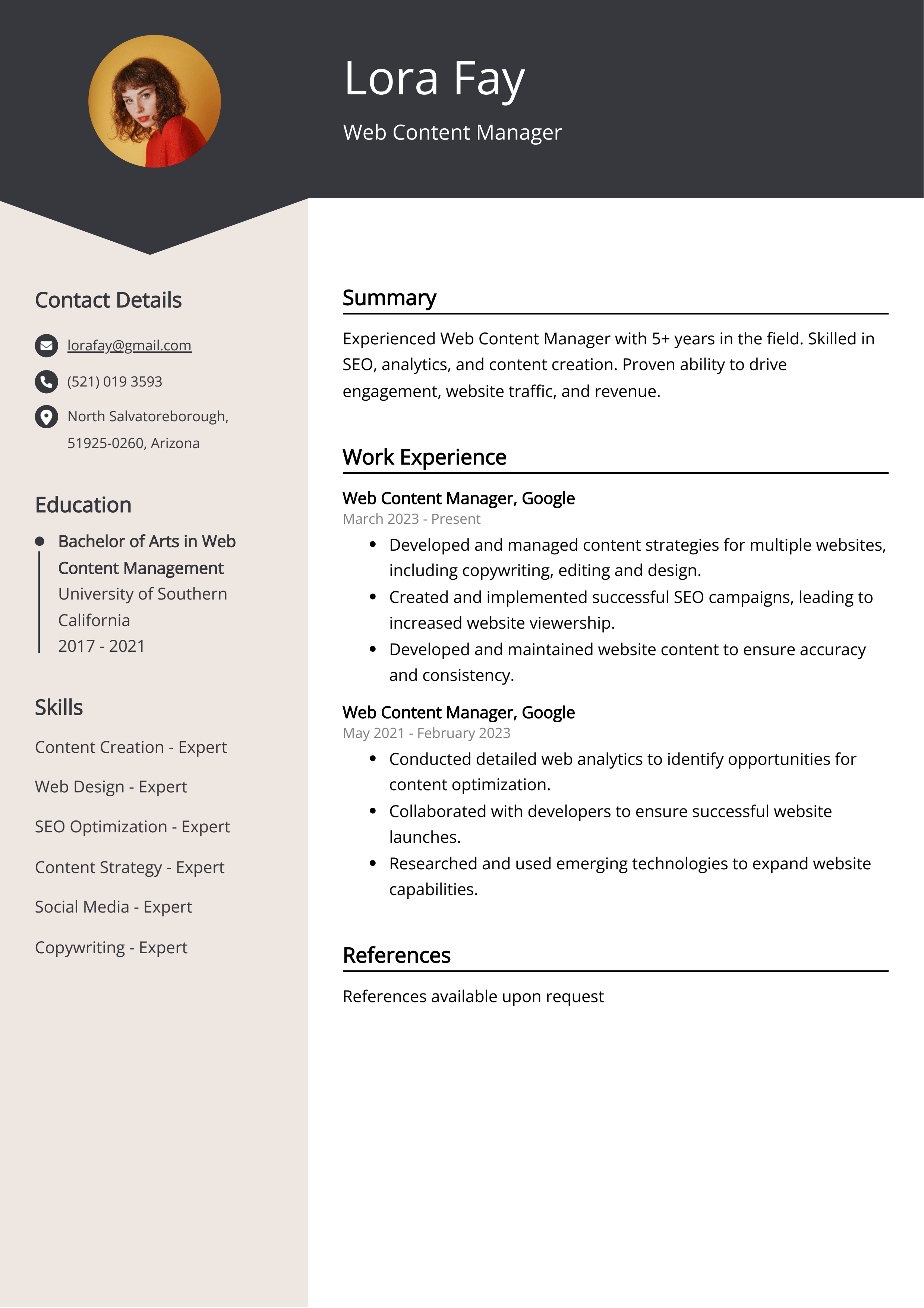 Web Content Manager CV Example