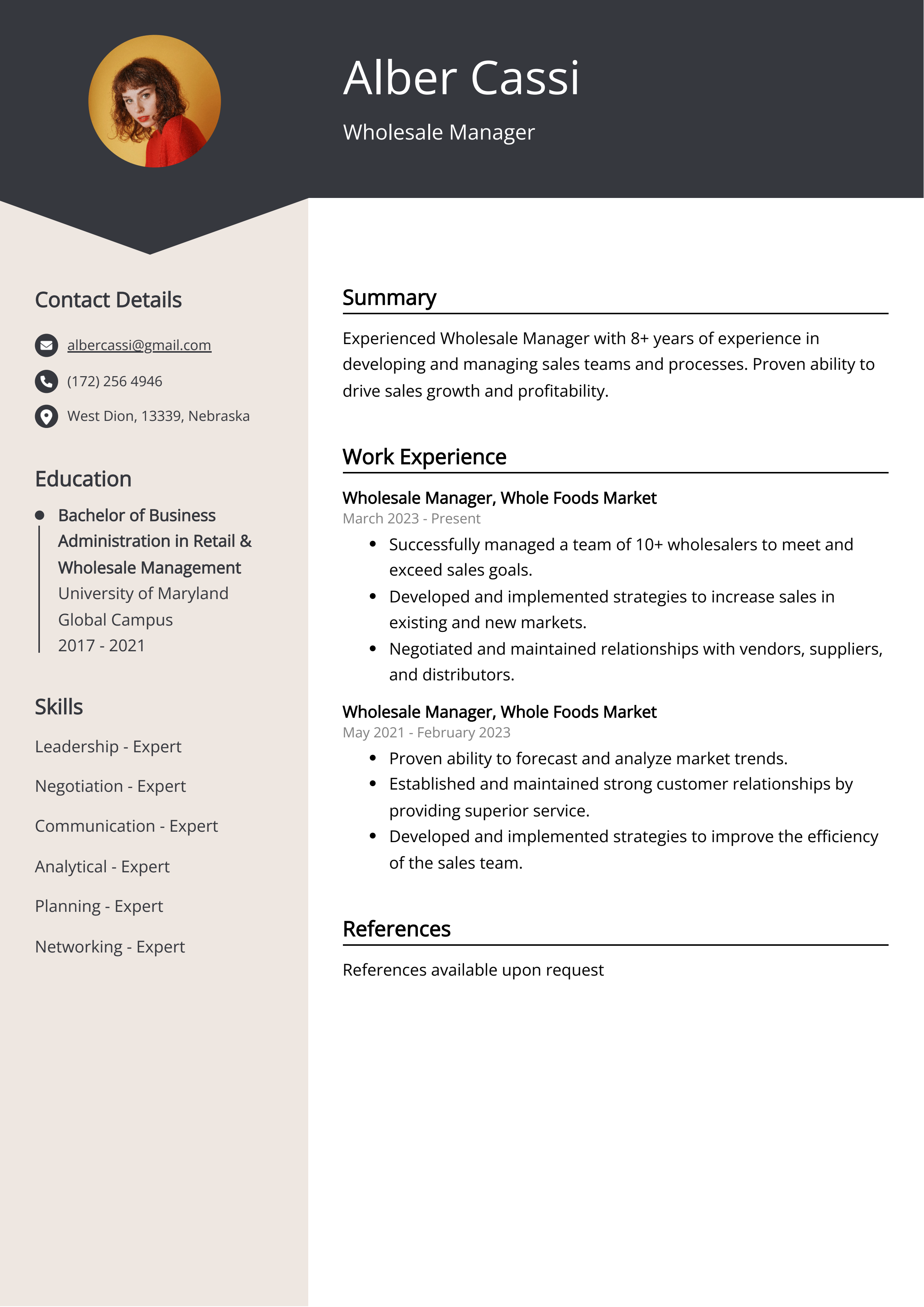 Wholesale Manager CV Example