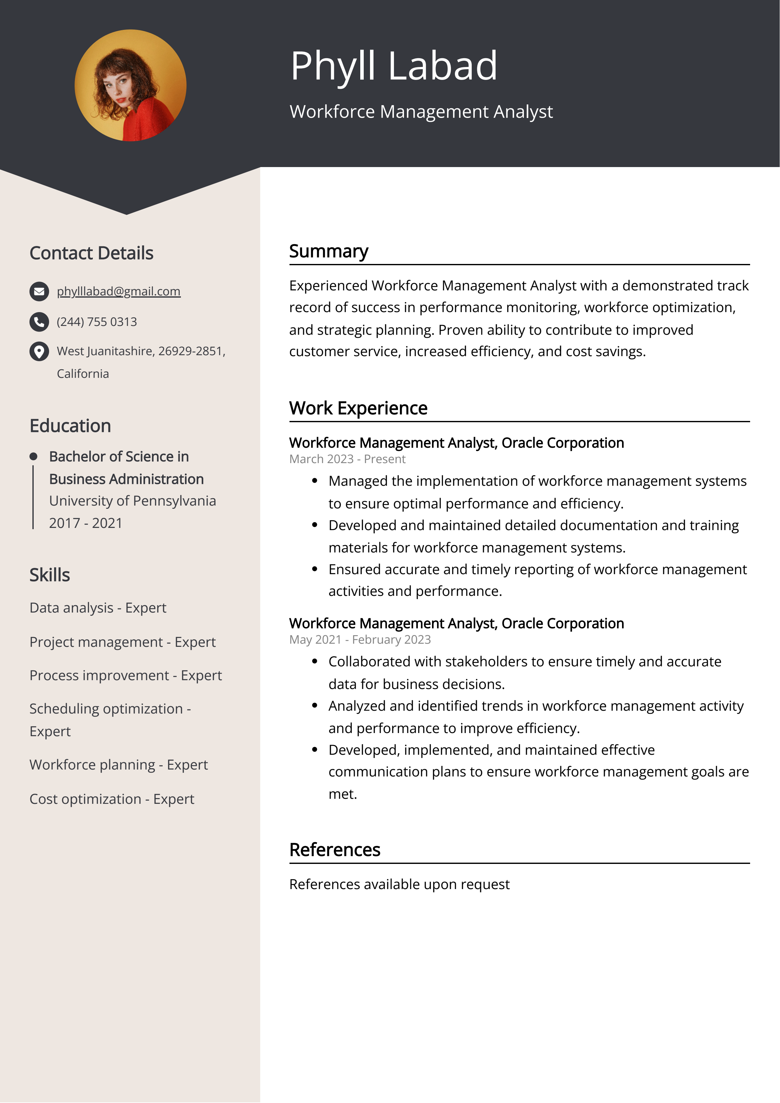 Workforce Management Analyst CV Example