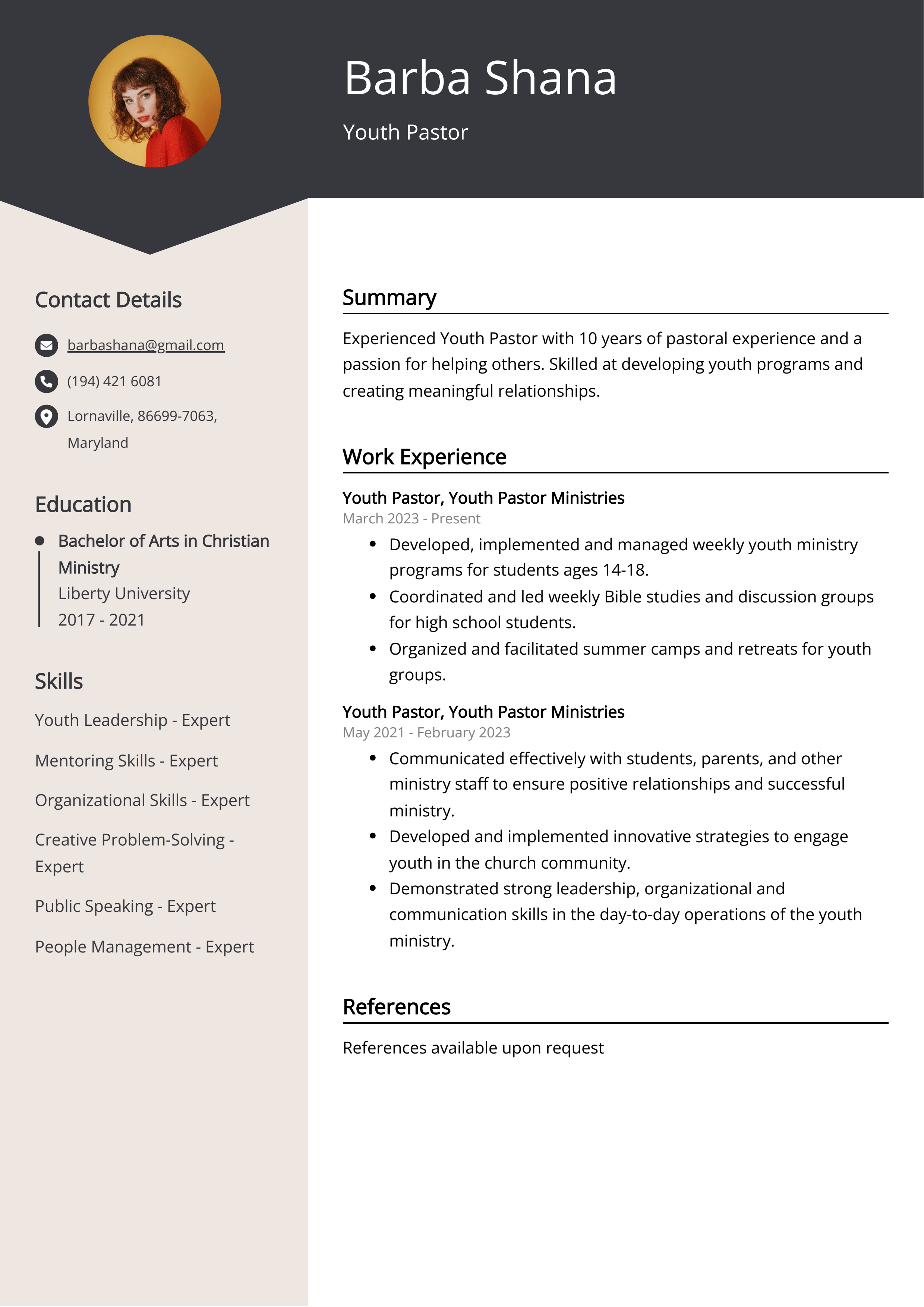 Youth Pastor CV Example