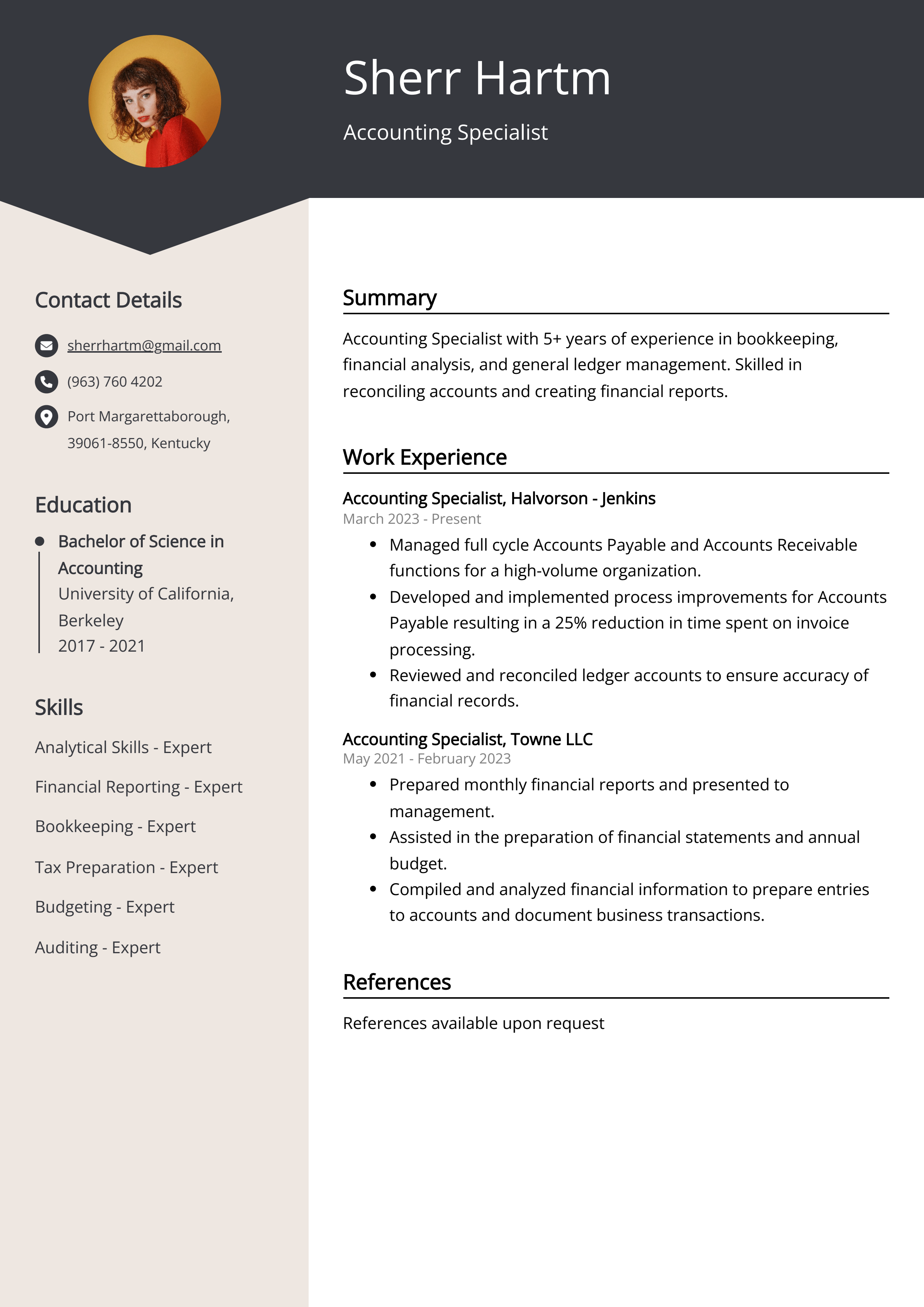 Accounting Specialist Resume Example