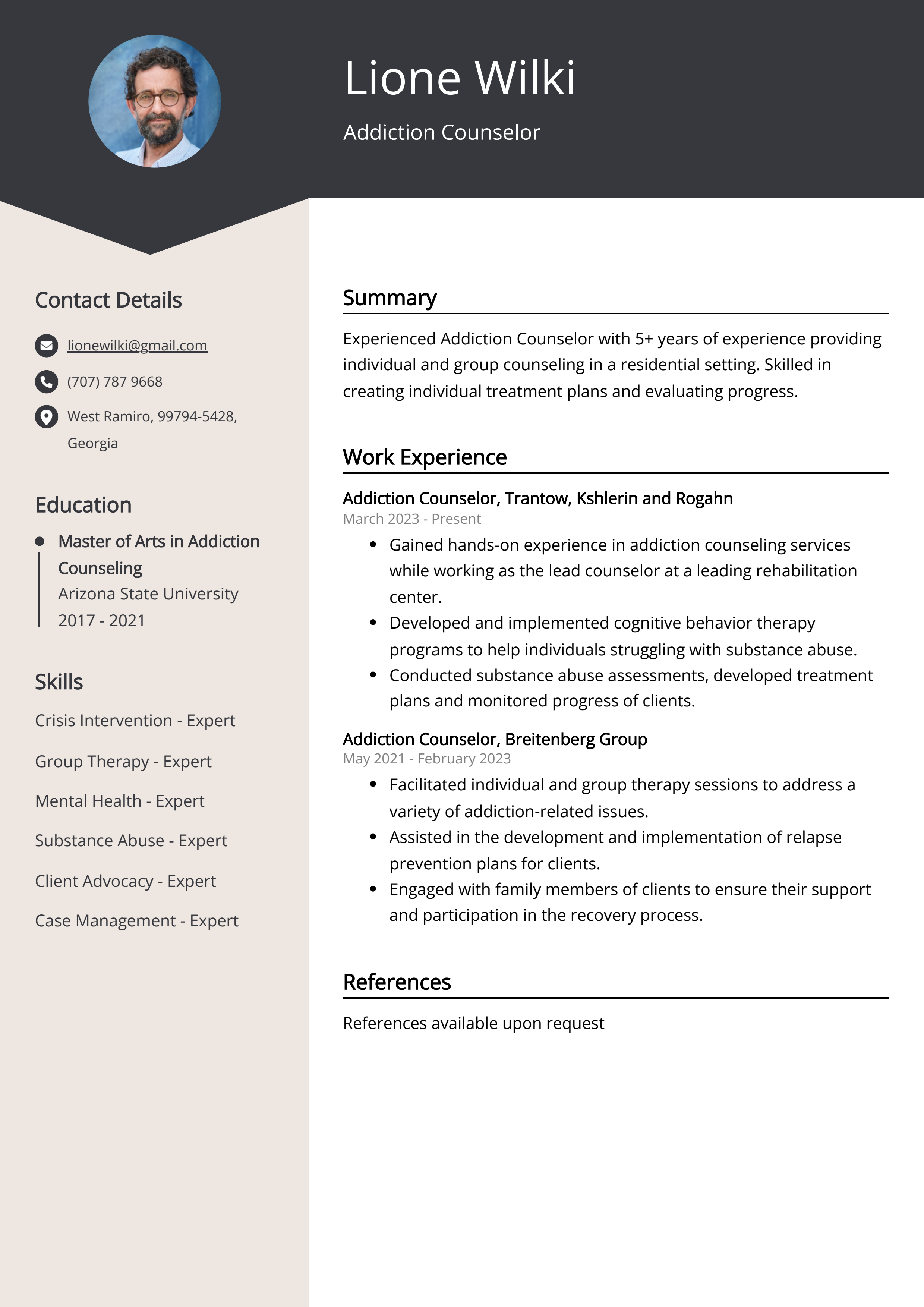 Addiction Counselor Resume Example