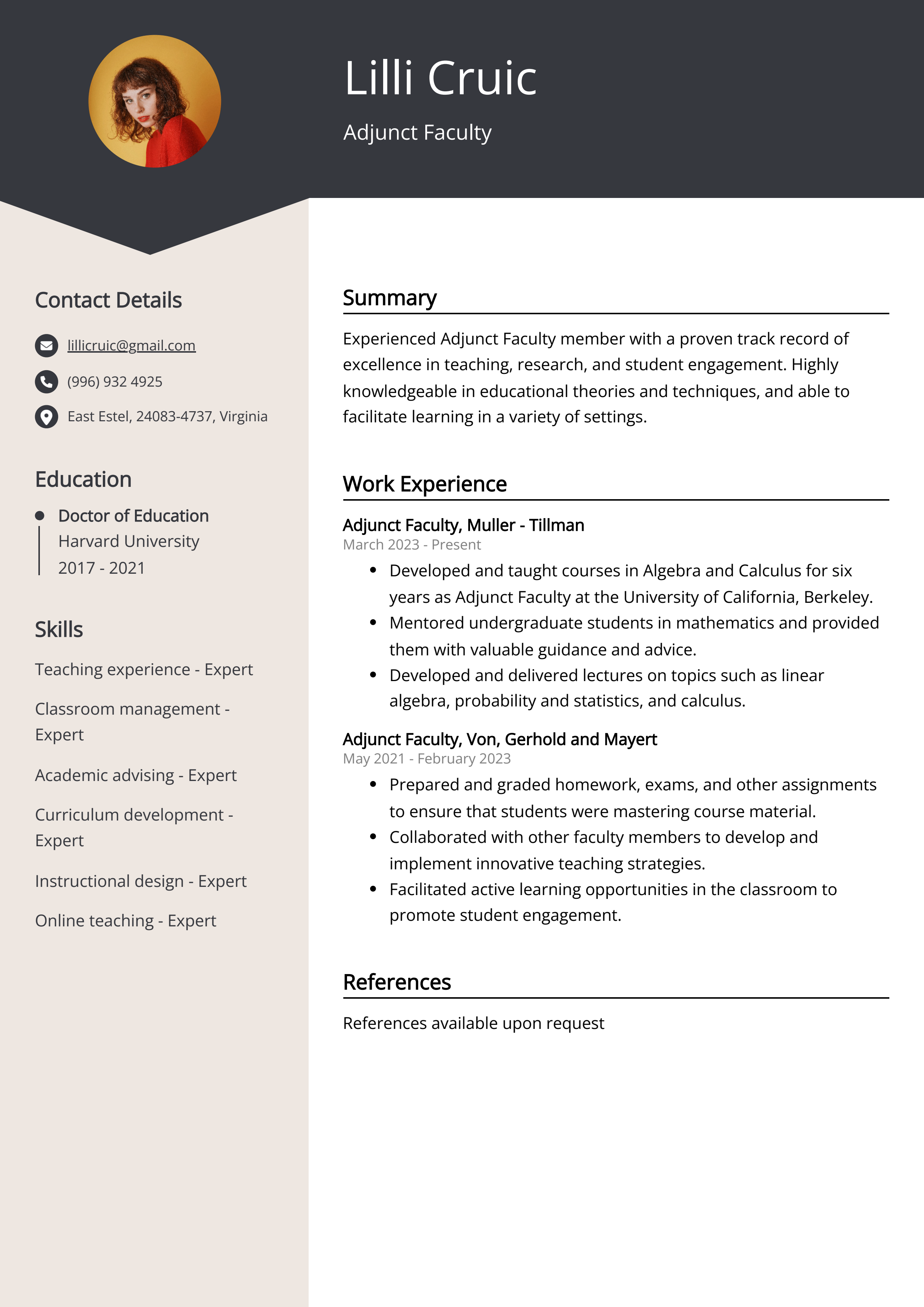 Adjunct Faculty Resume Example