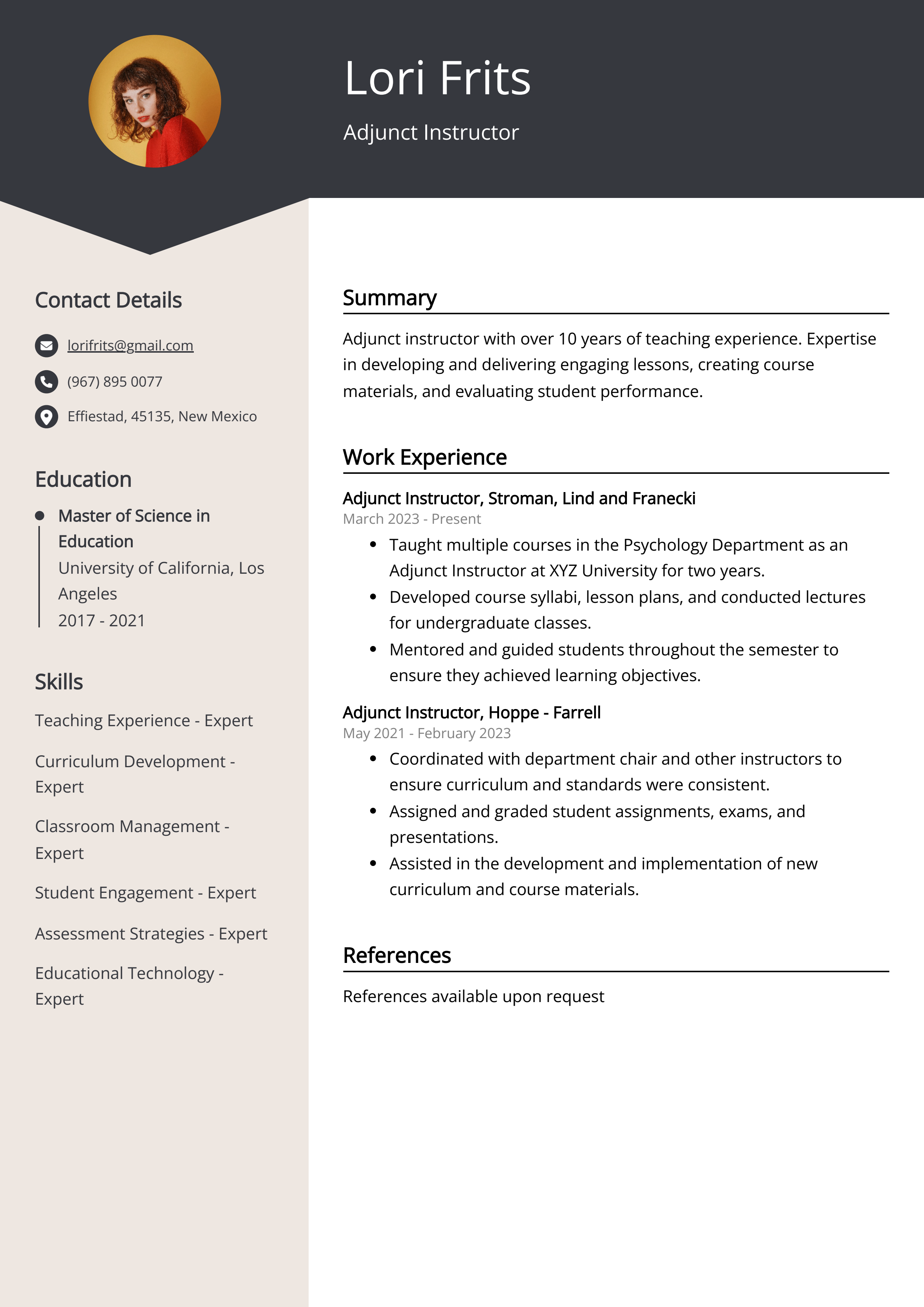 Adjunct Instructor Resume Example for 2024