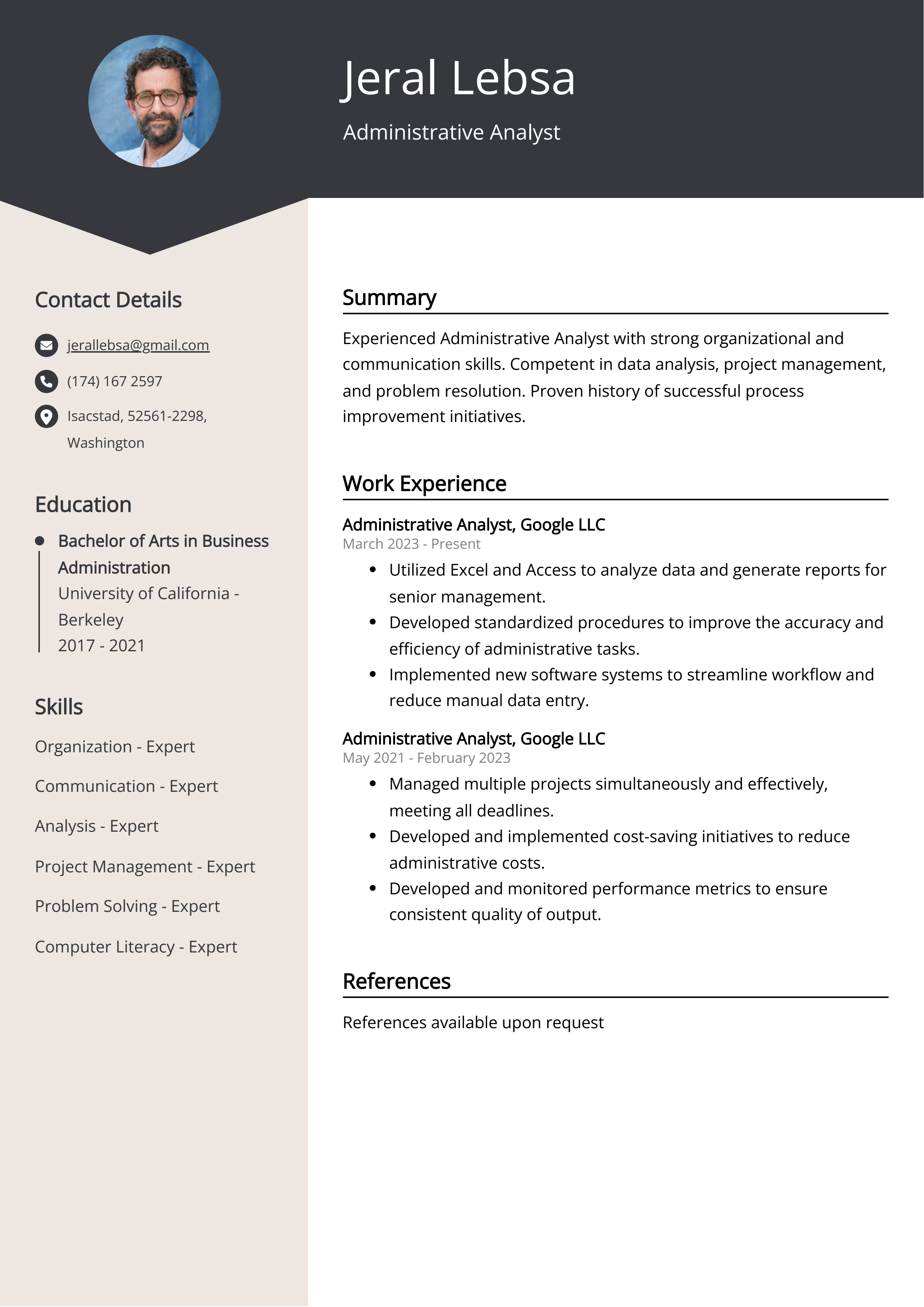 Administrative Analyst Resume Example