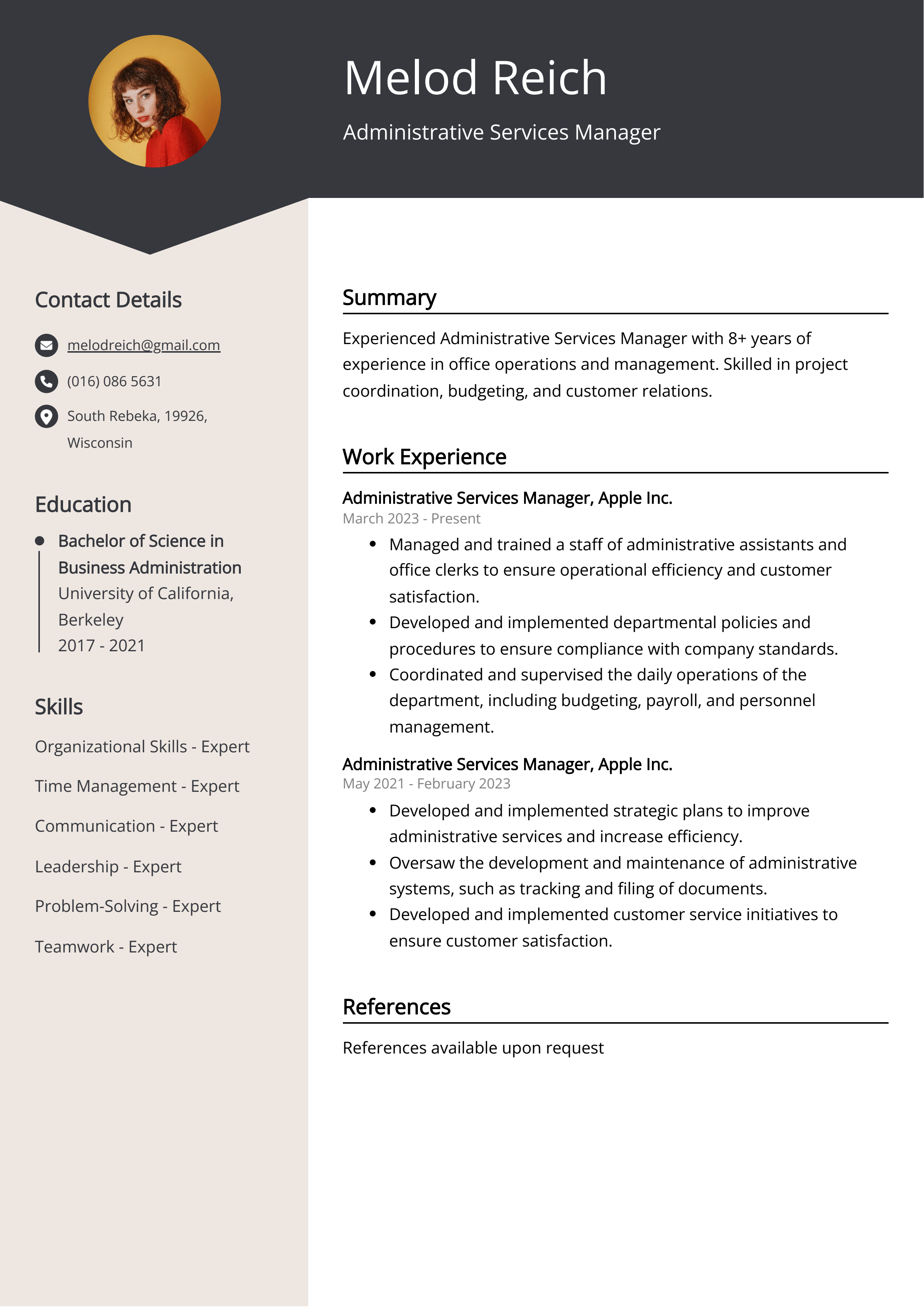 Administrative Services Manager Resume Example