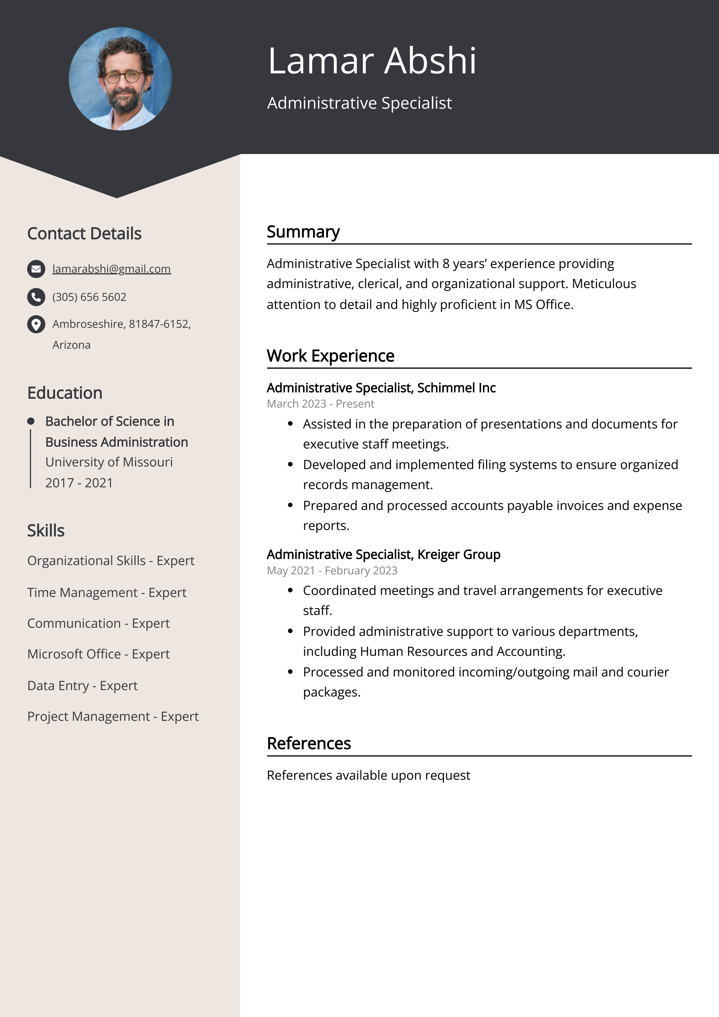 Administrative Specialist Resume Example