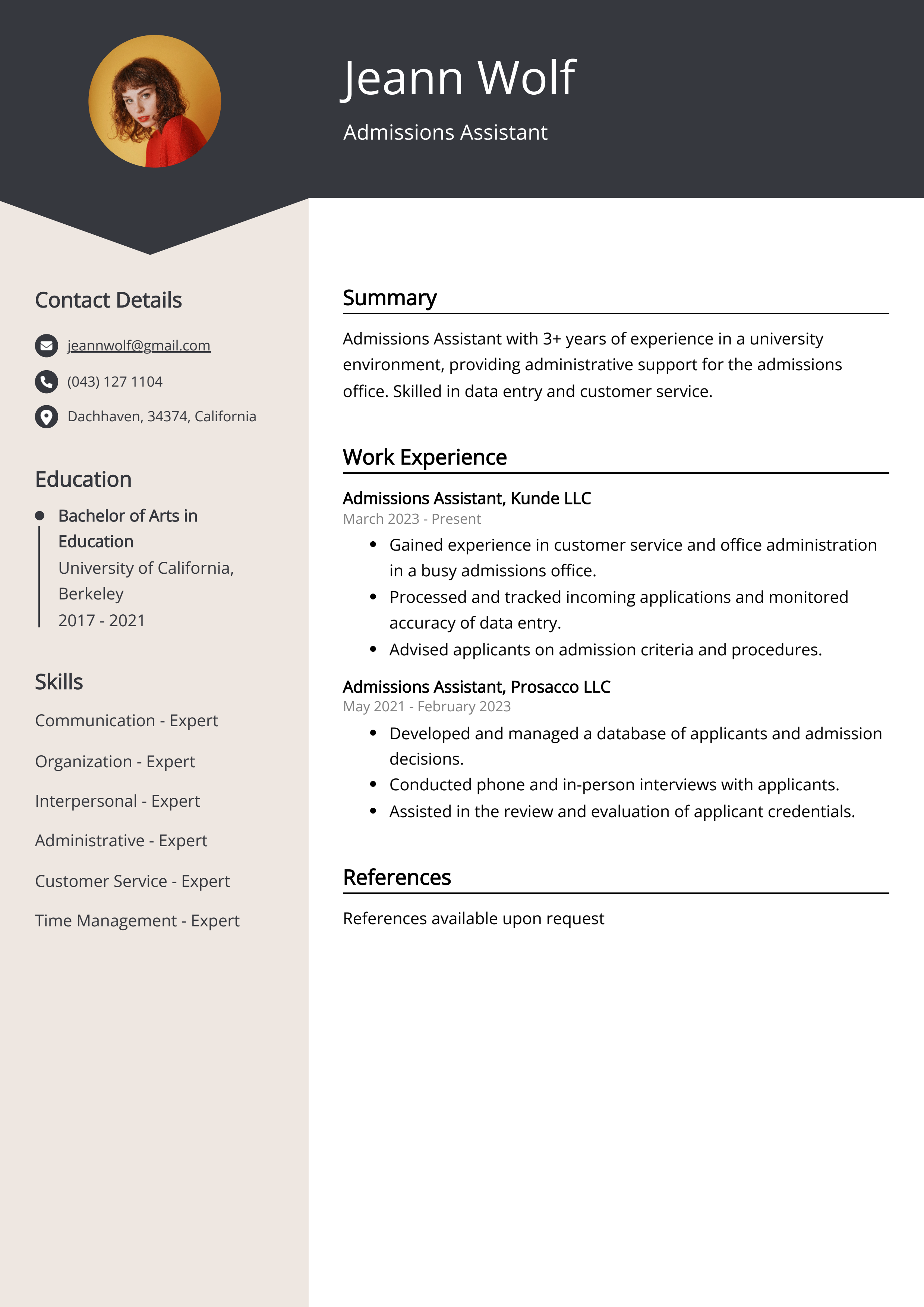 Admissions Assistant Resume Example