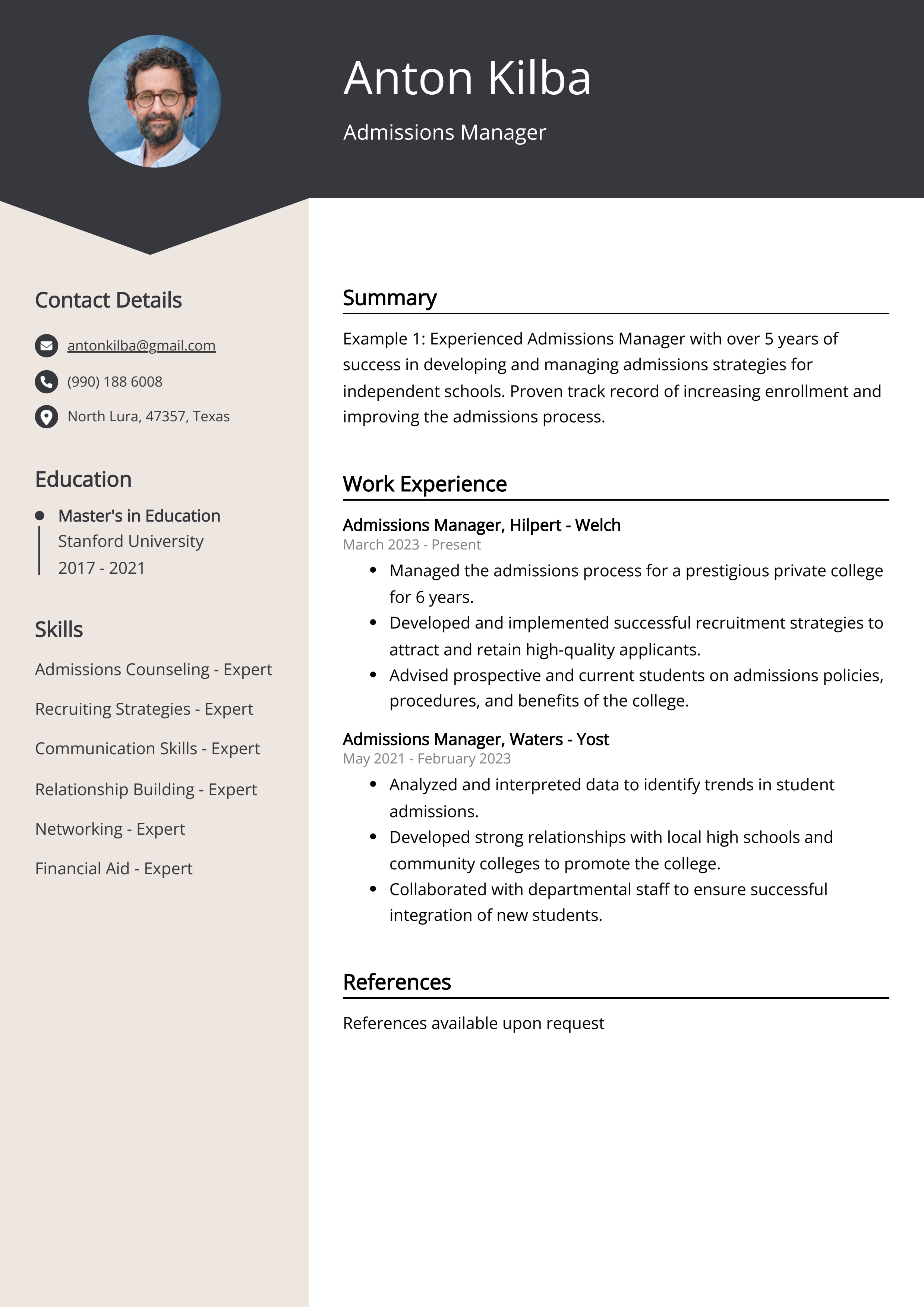 Admissions Manager Resume Example