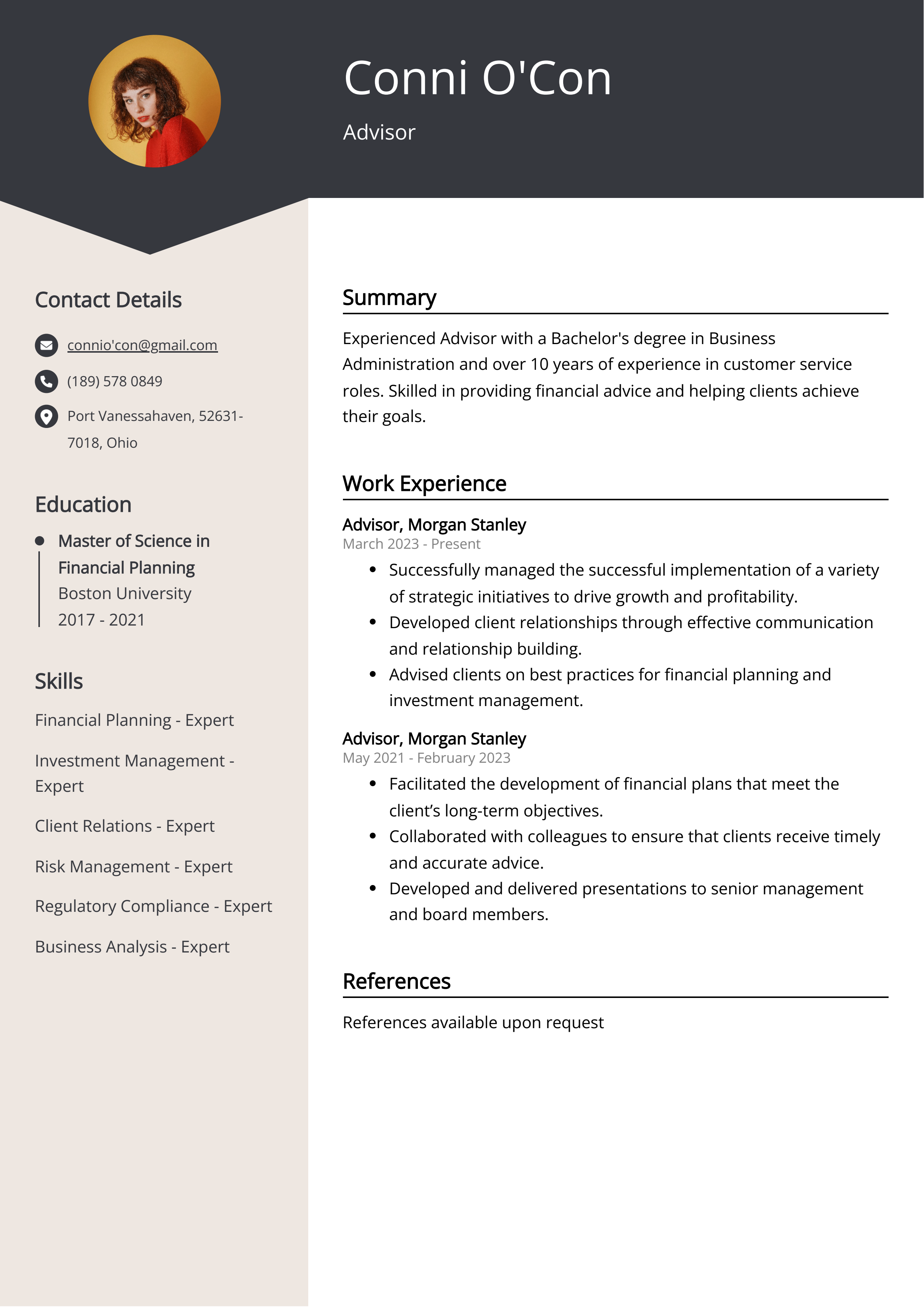 Advisor Resume Example