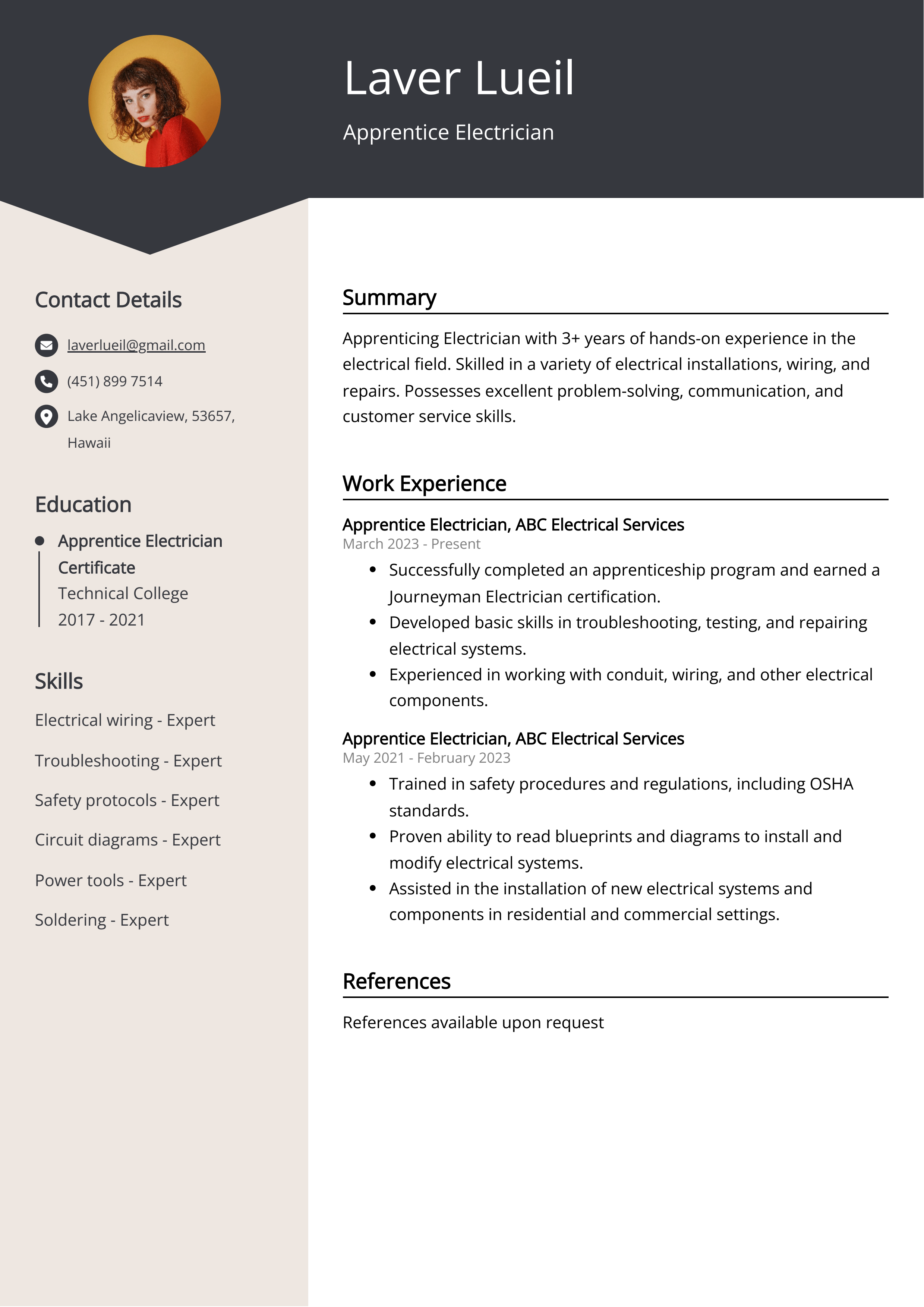 Apprentice Electrician Resume Example