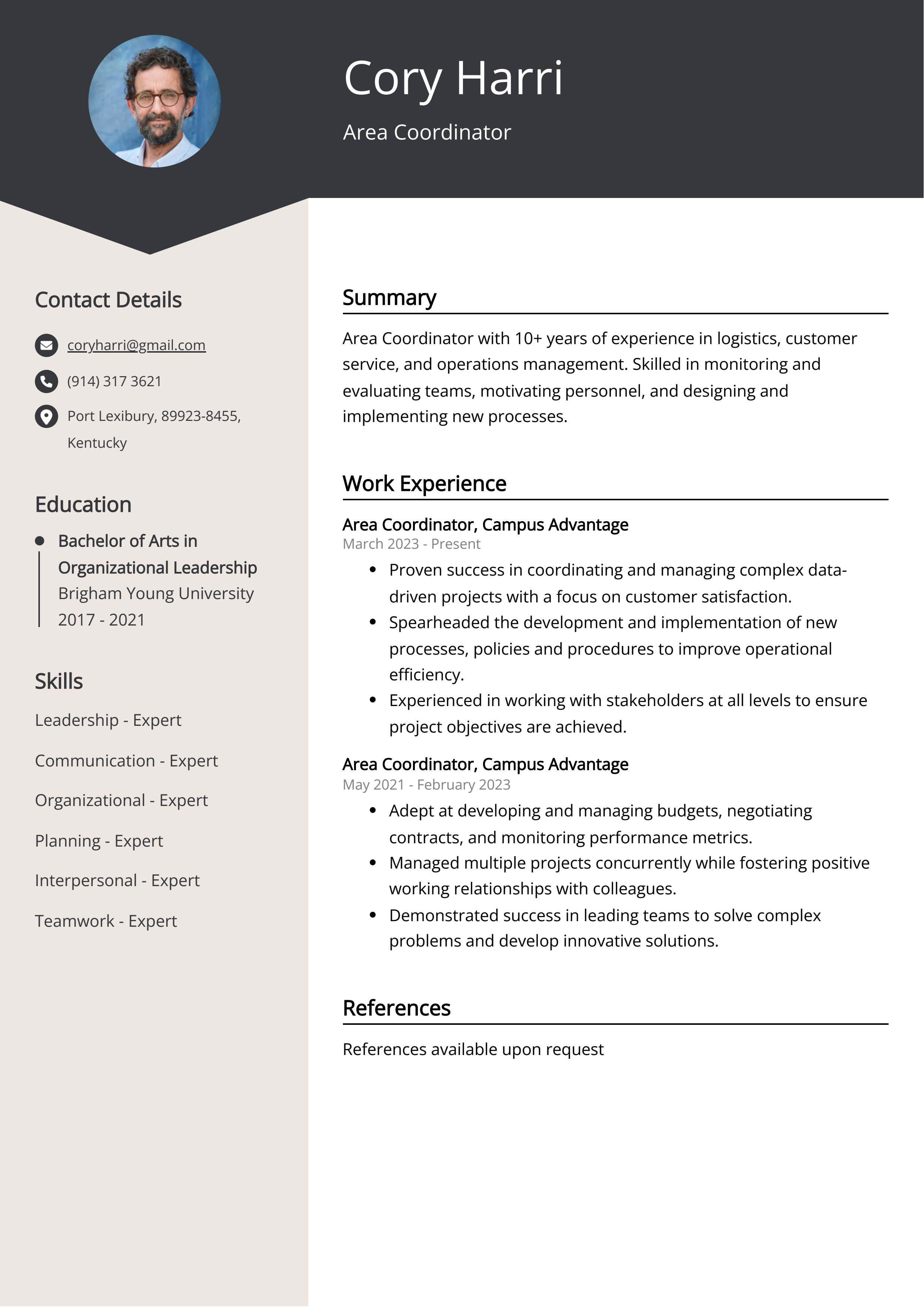 Area Coordinator Resume Example