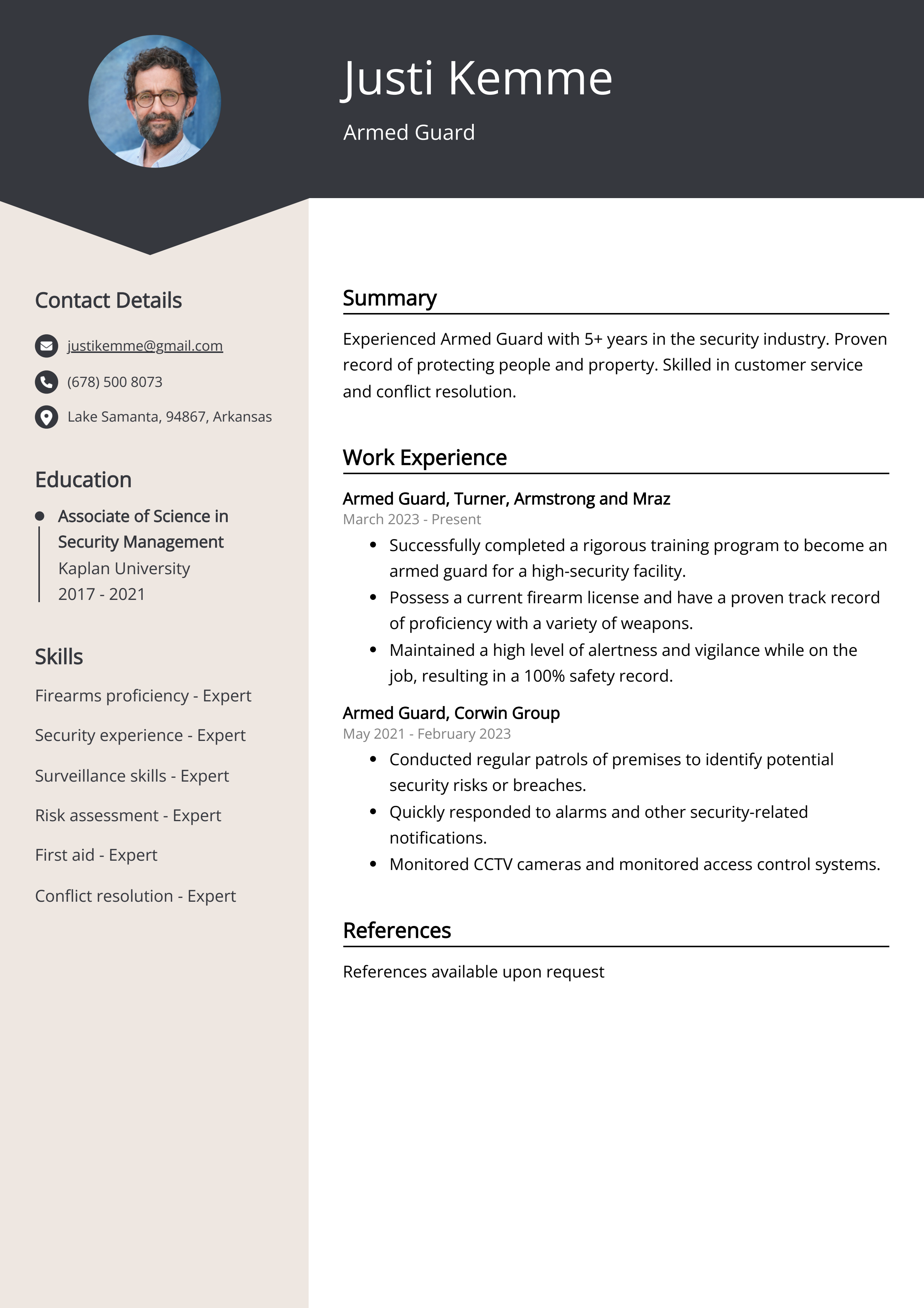 Armed Guard Resume Example