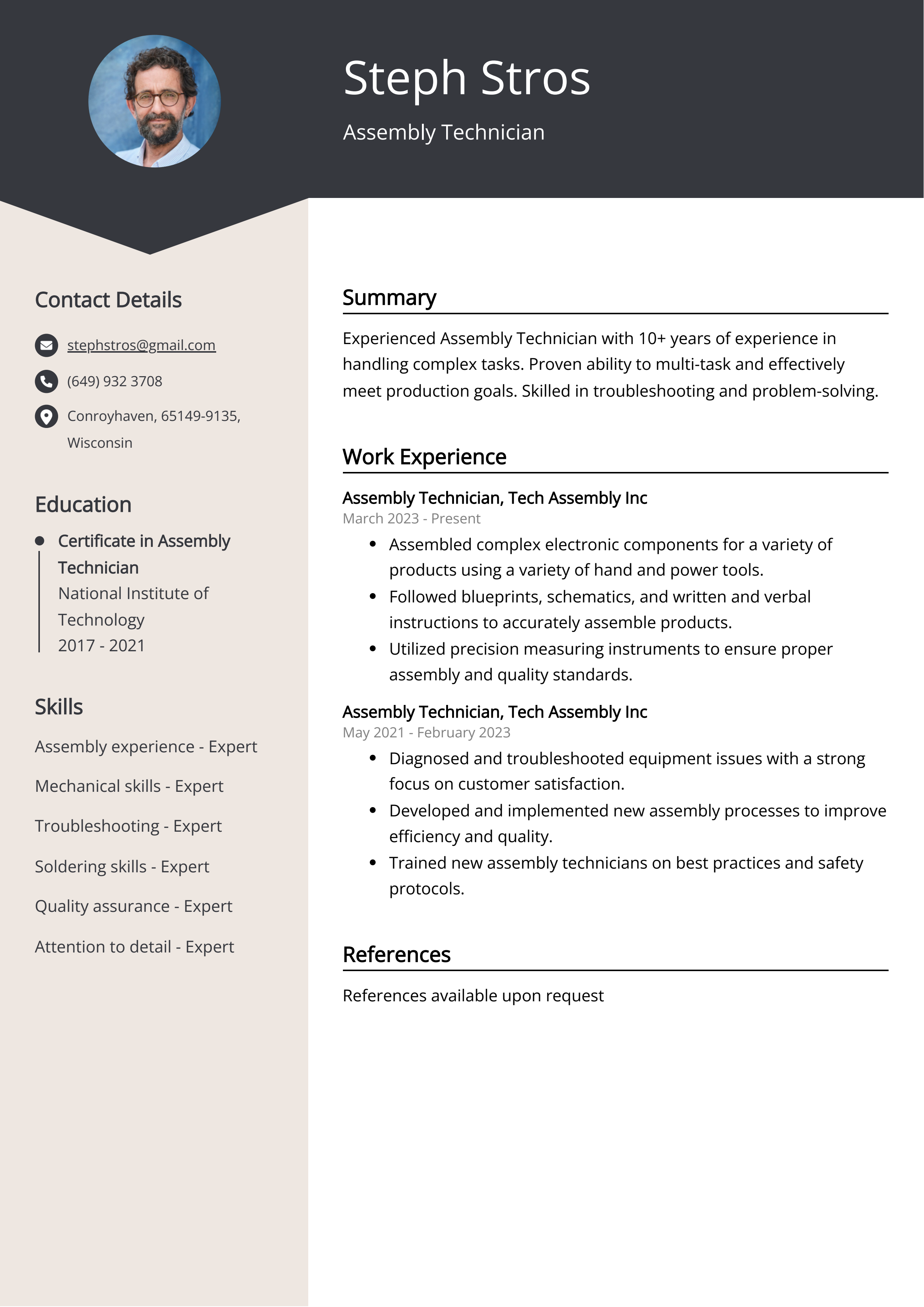 Assembly Technician Resume Example