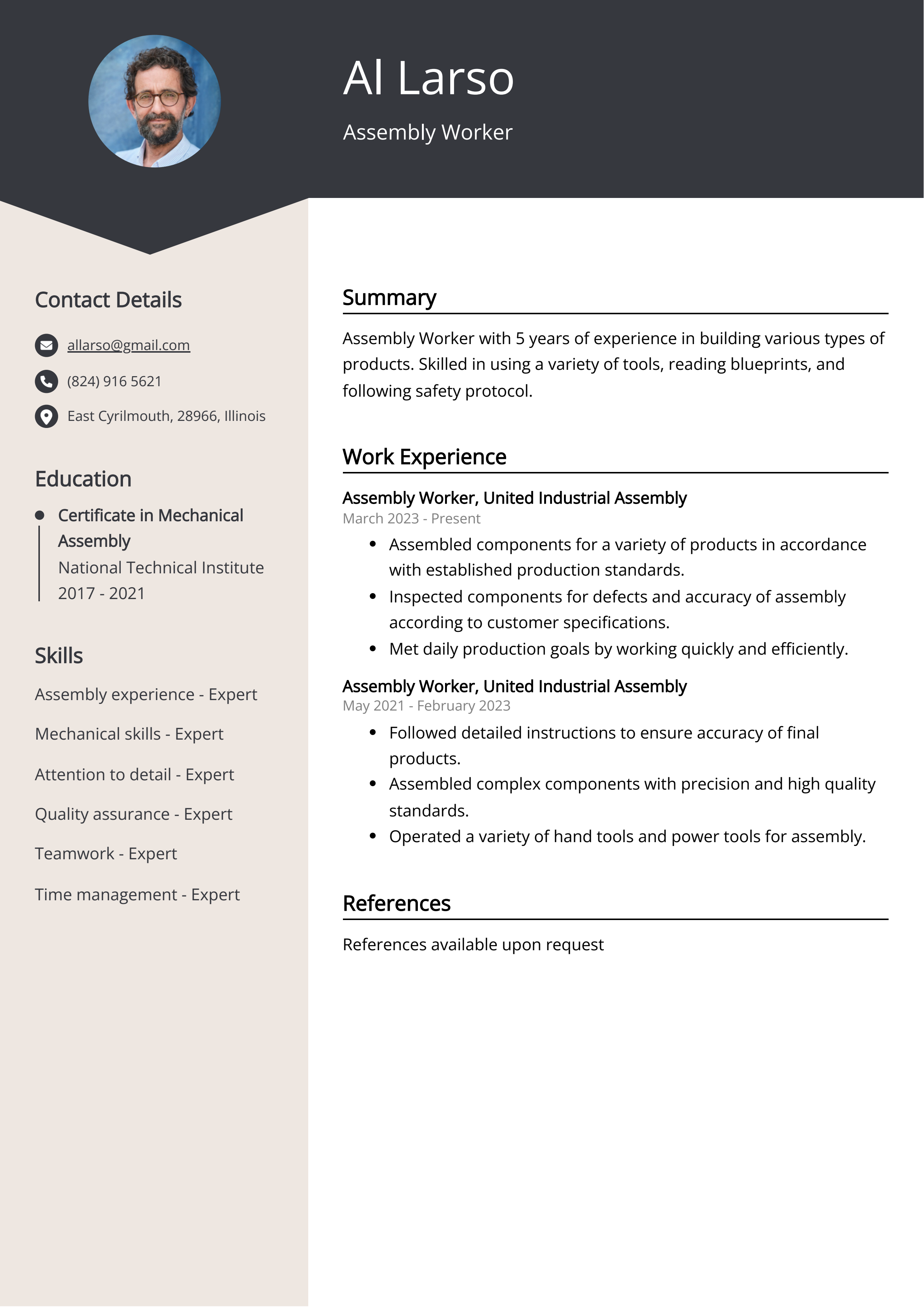 Assembly Worker Resume Example