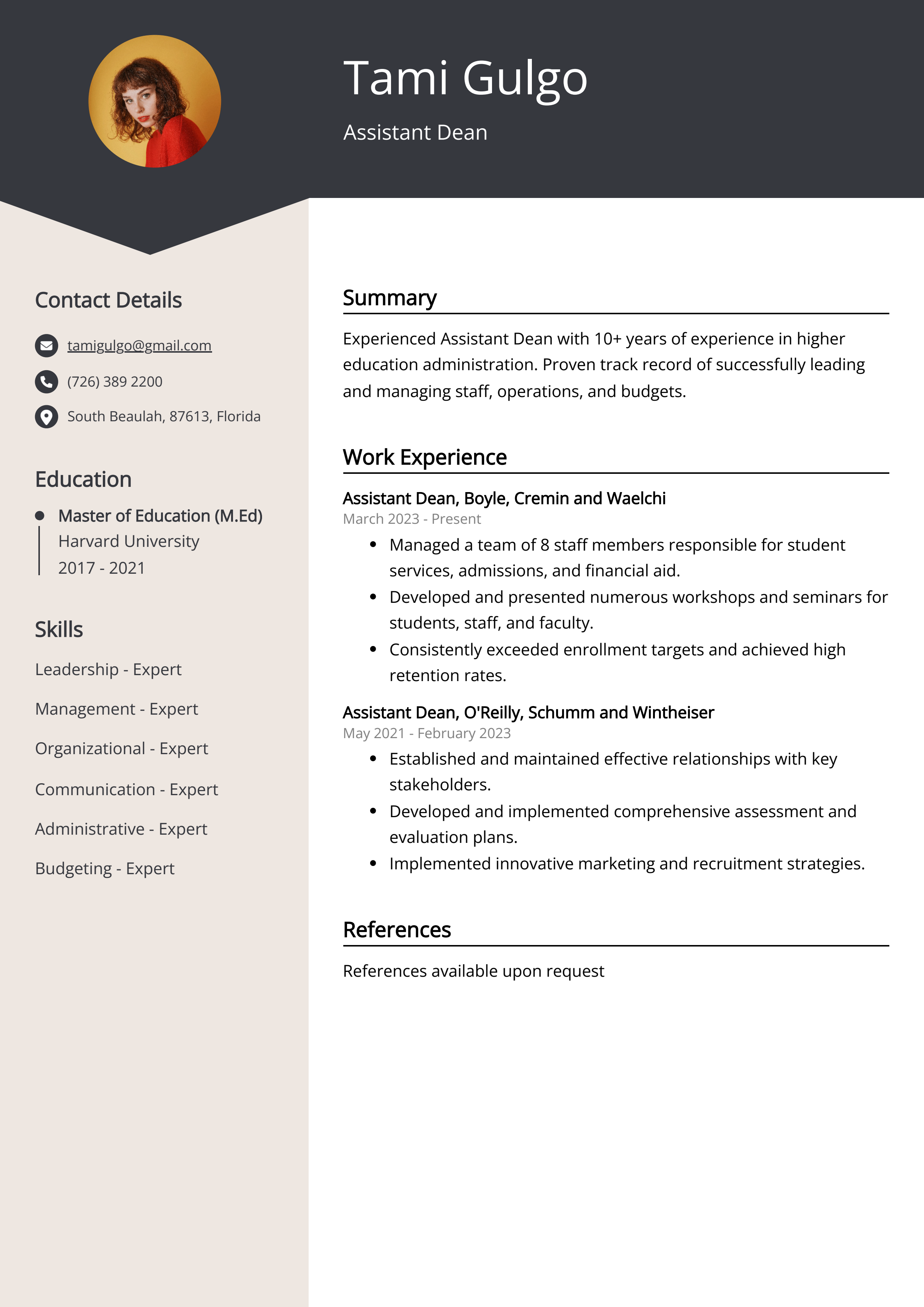 Assistant Dean Resume Example
