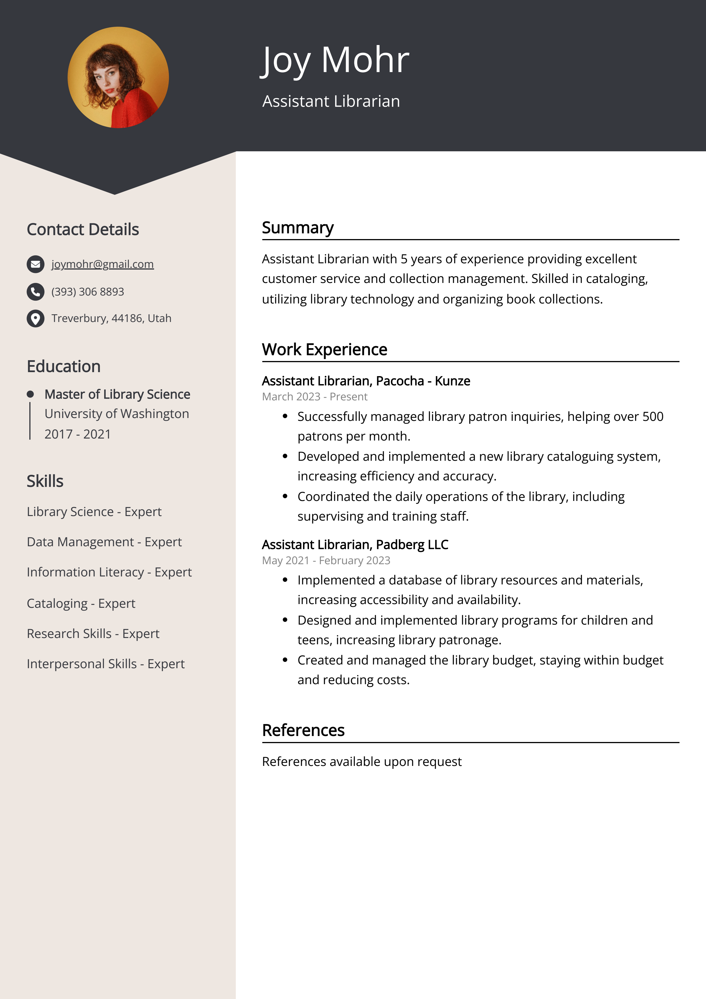 Assistant Librarian Resume Example