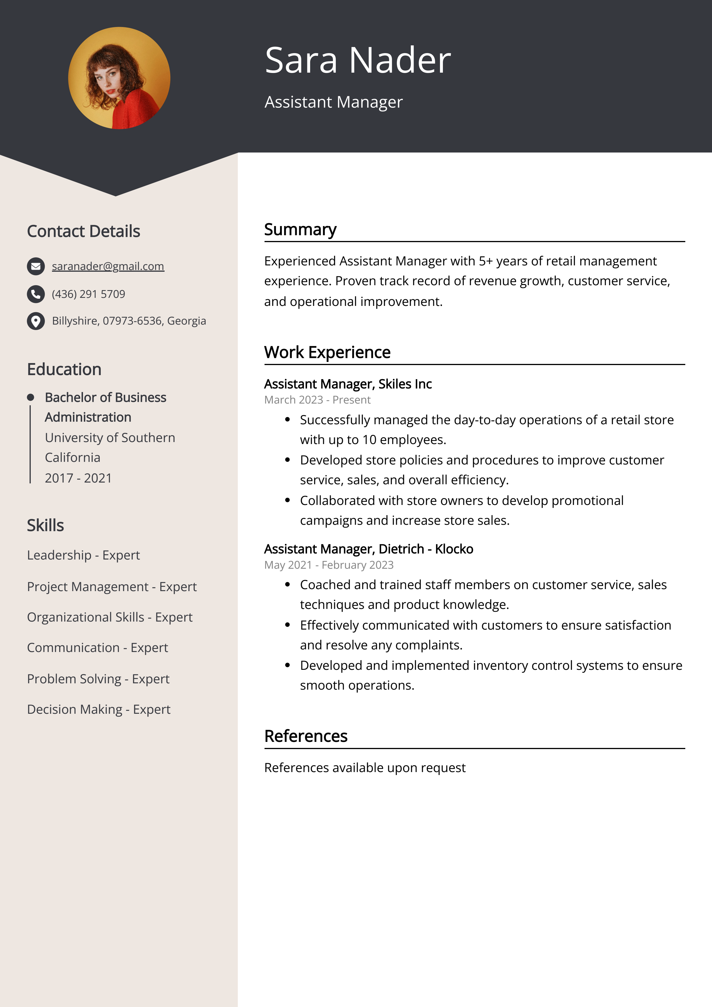 Assistant Manager Resume Example