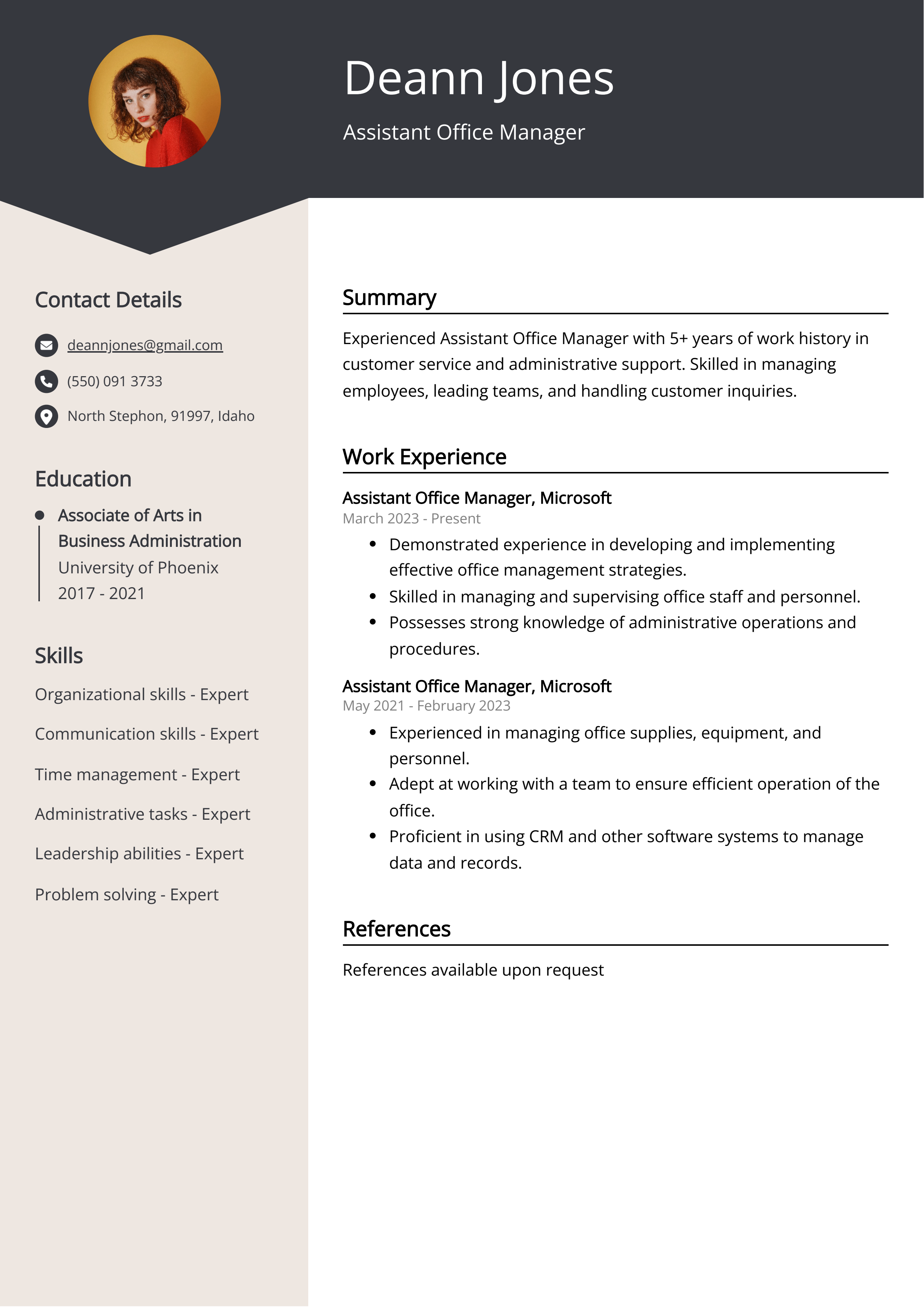 Assistant Office Manager Resume Example