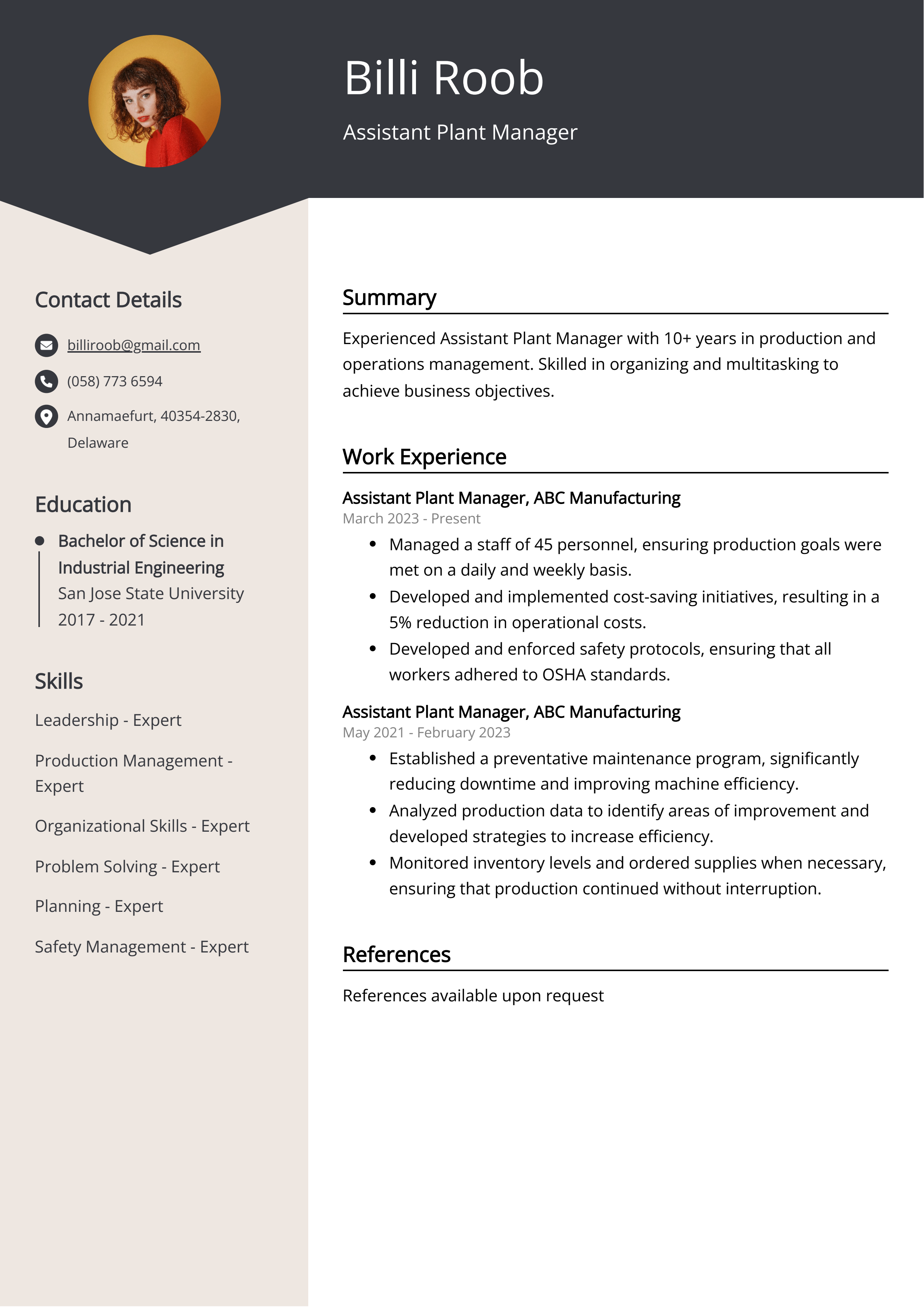 Assistant Plant Manager Resume Example