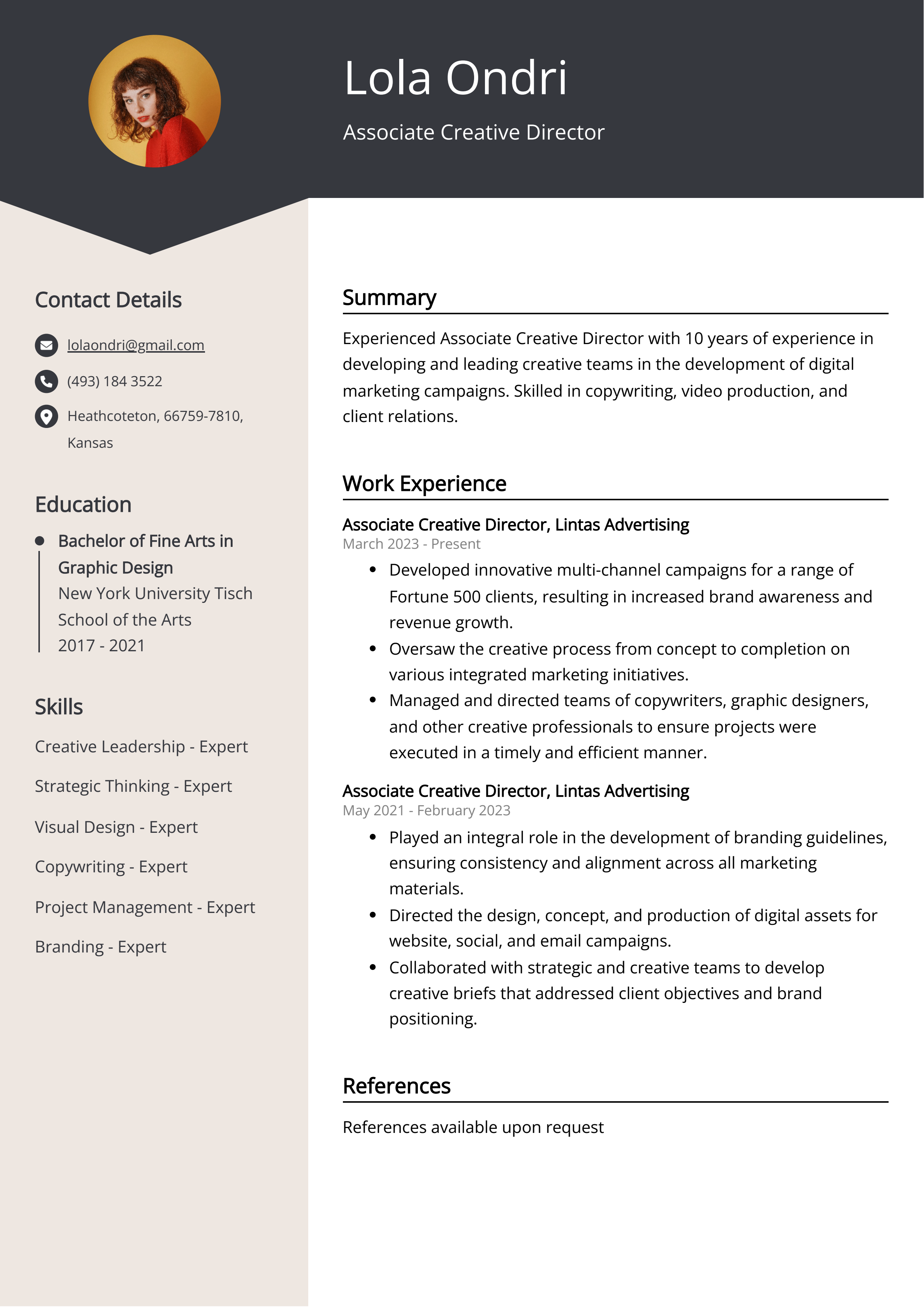 Associate Creative Director Resume Example