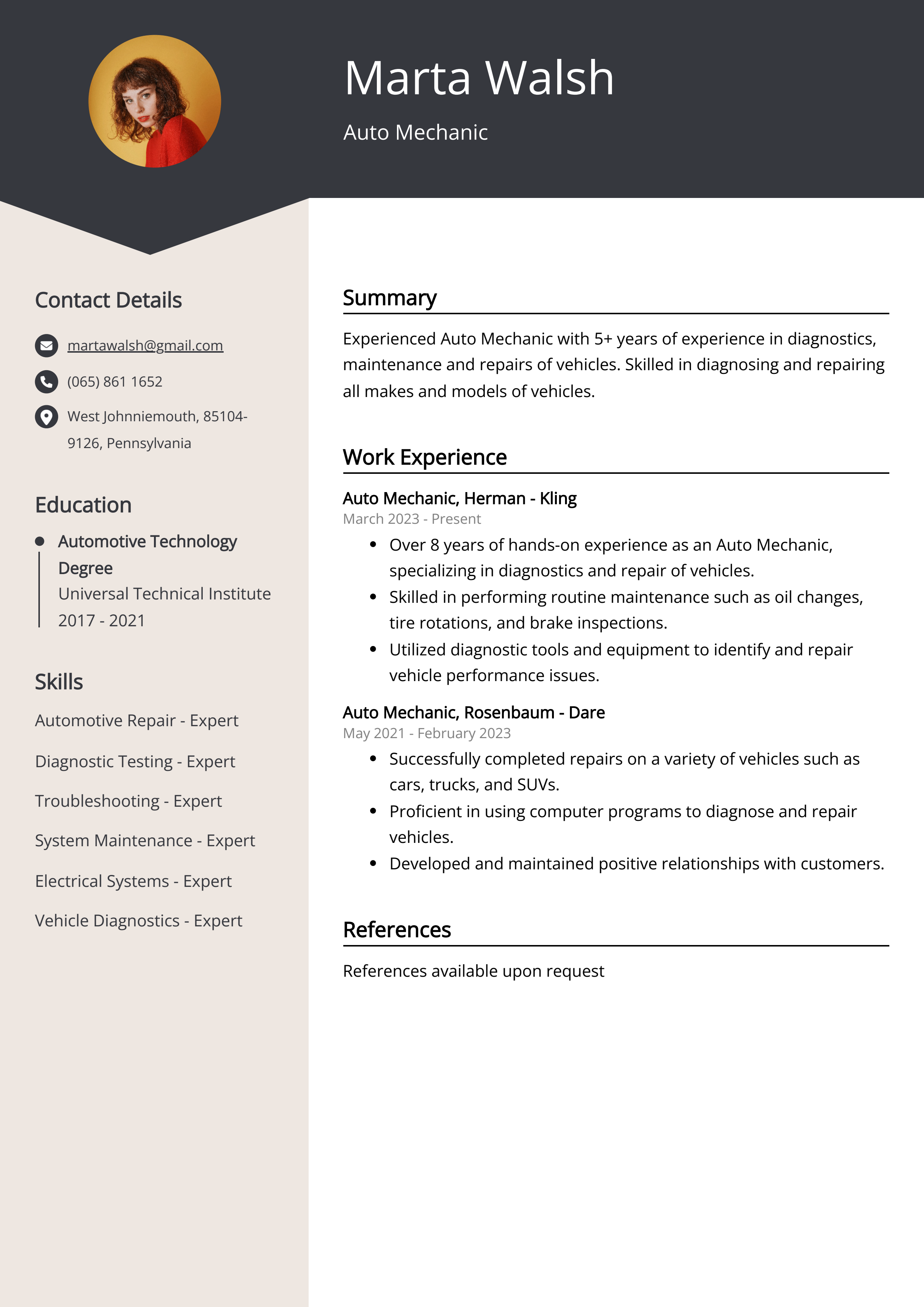 Auto Mechanic Resume Example Free Guide 