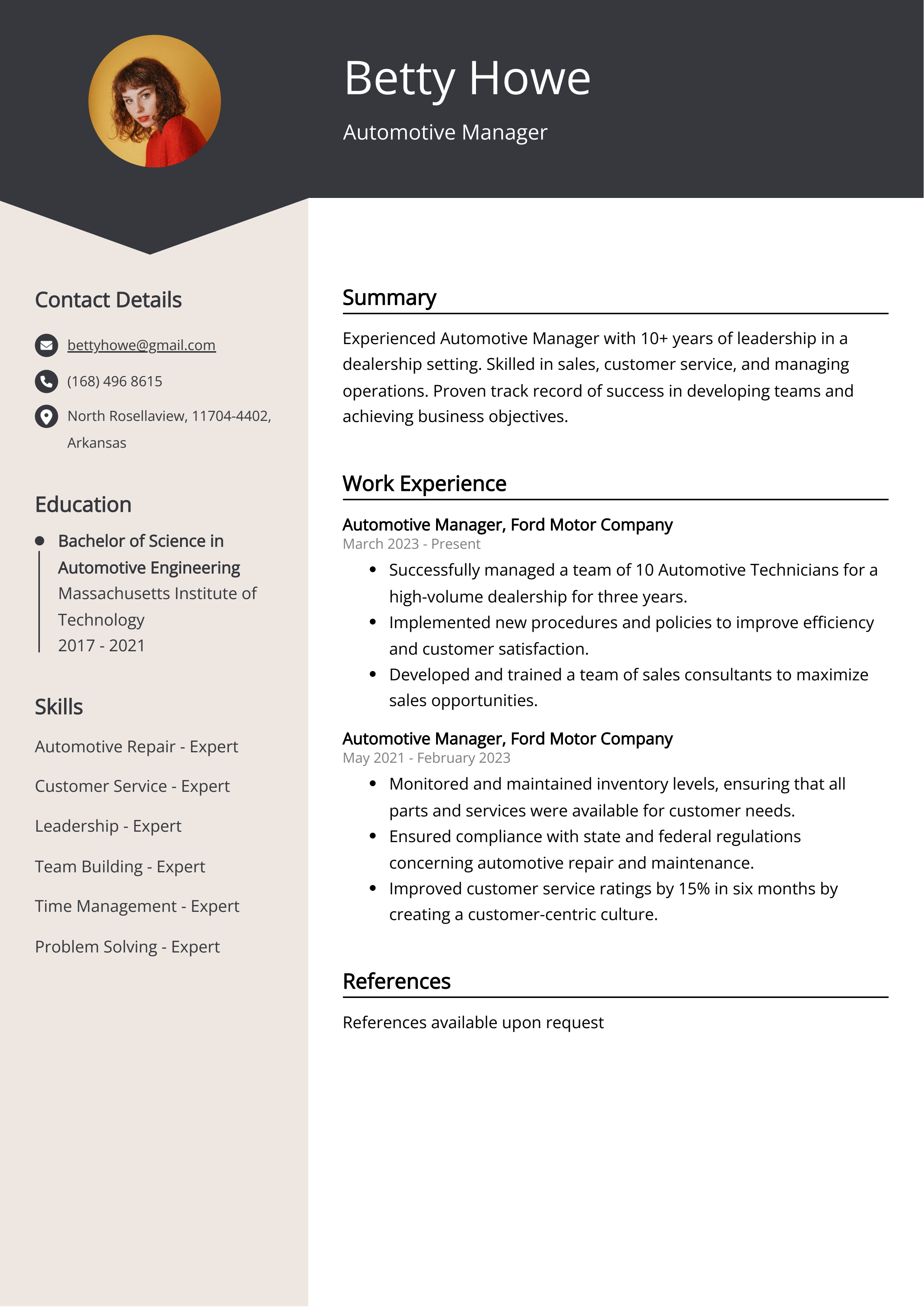 Automotive Manager Resume Example