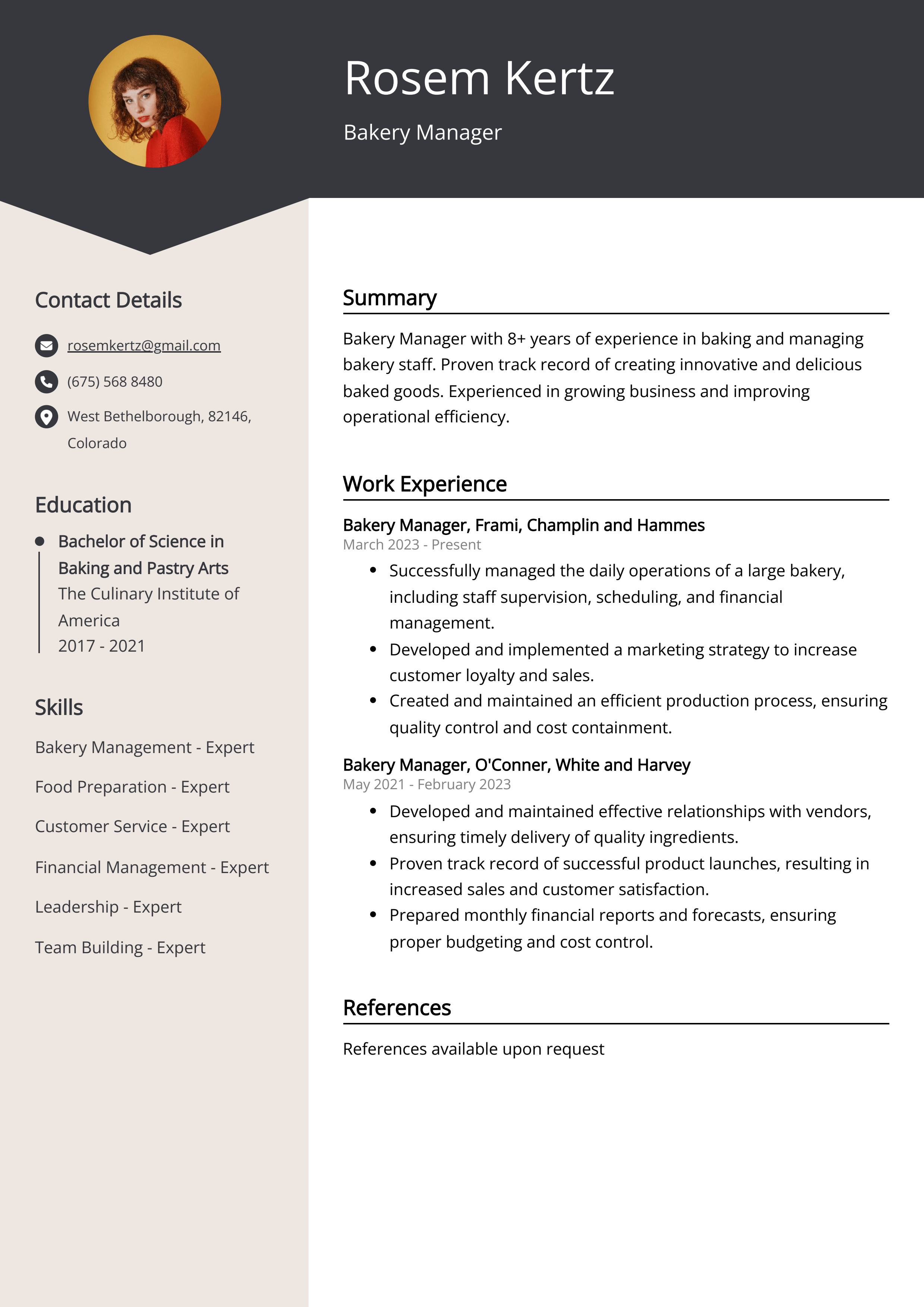 Bakery Manager Resume Example