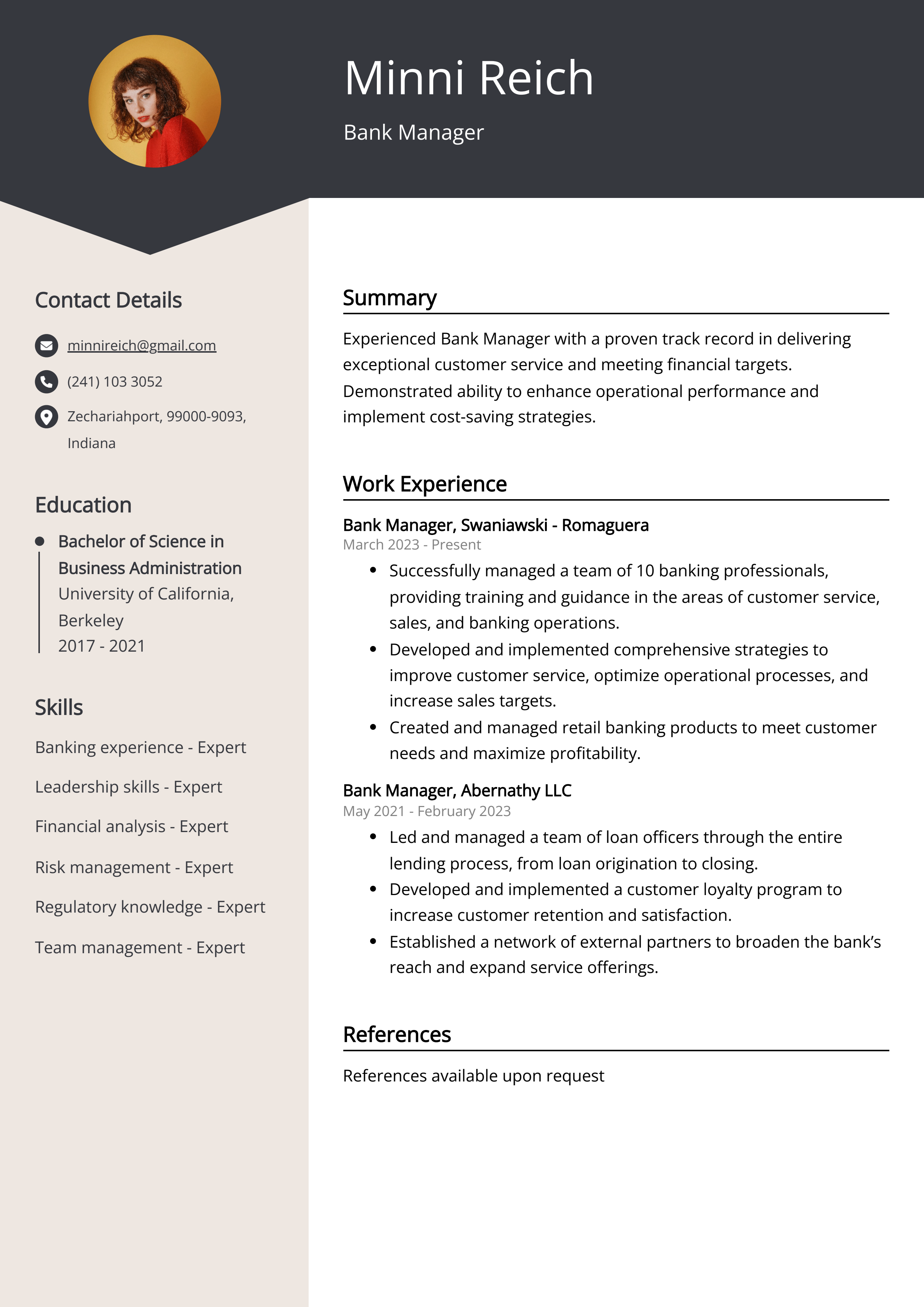 Bank Manager Resume Example
