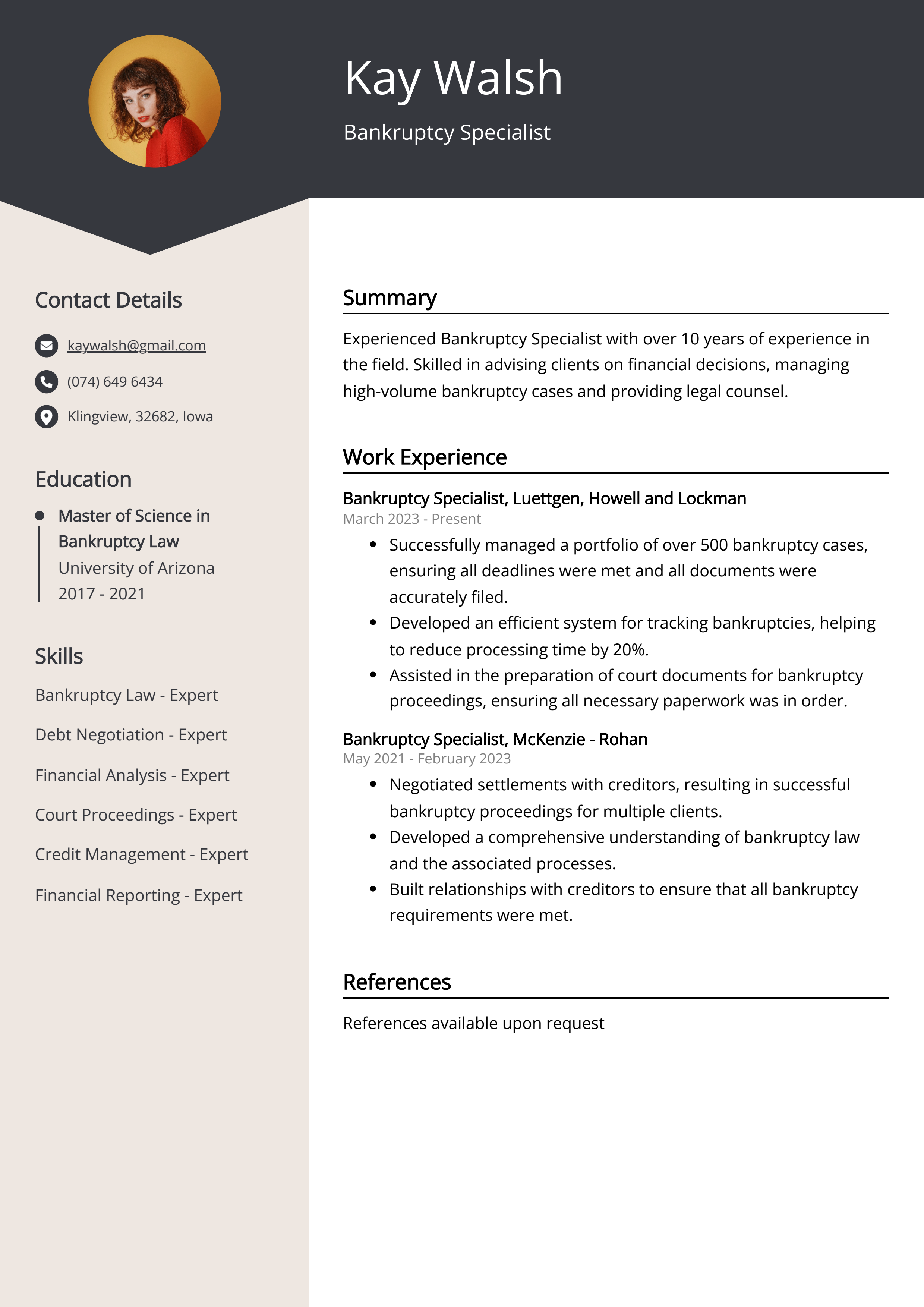 Bankruptcy Specialist Resume Example