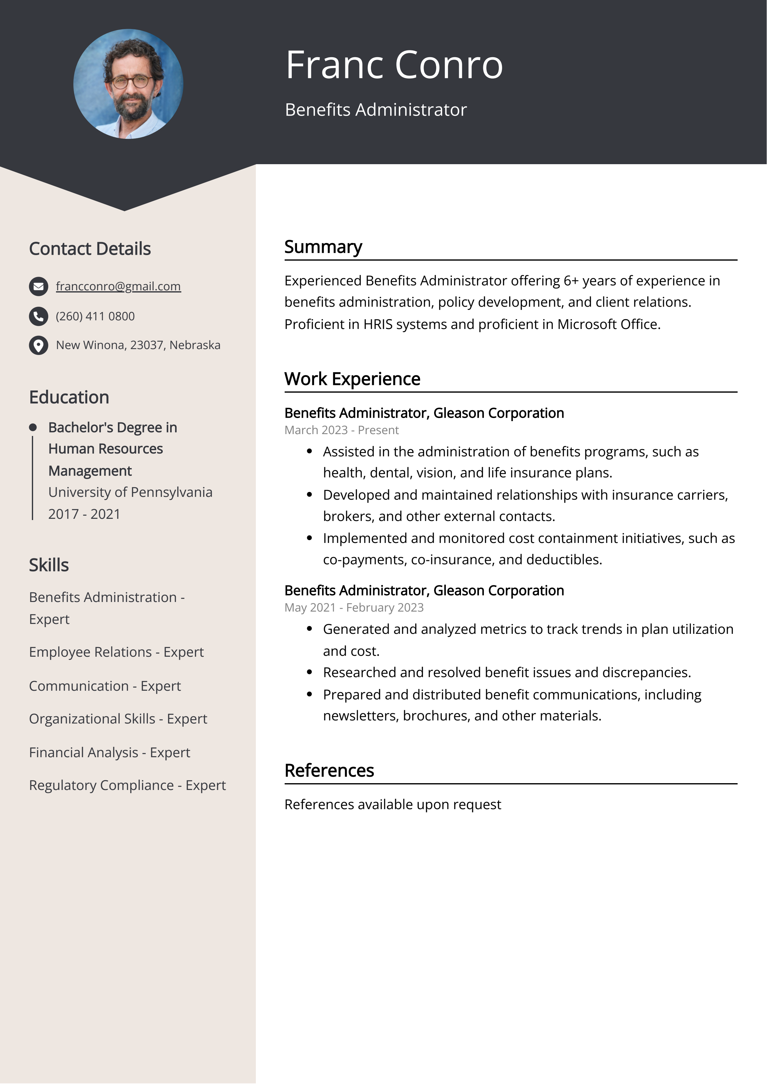 Benefits Administrator Resume Example