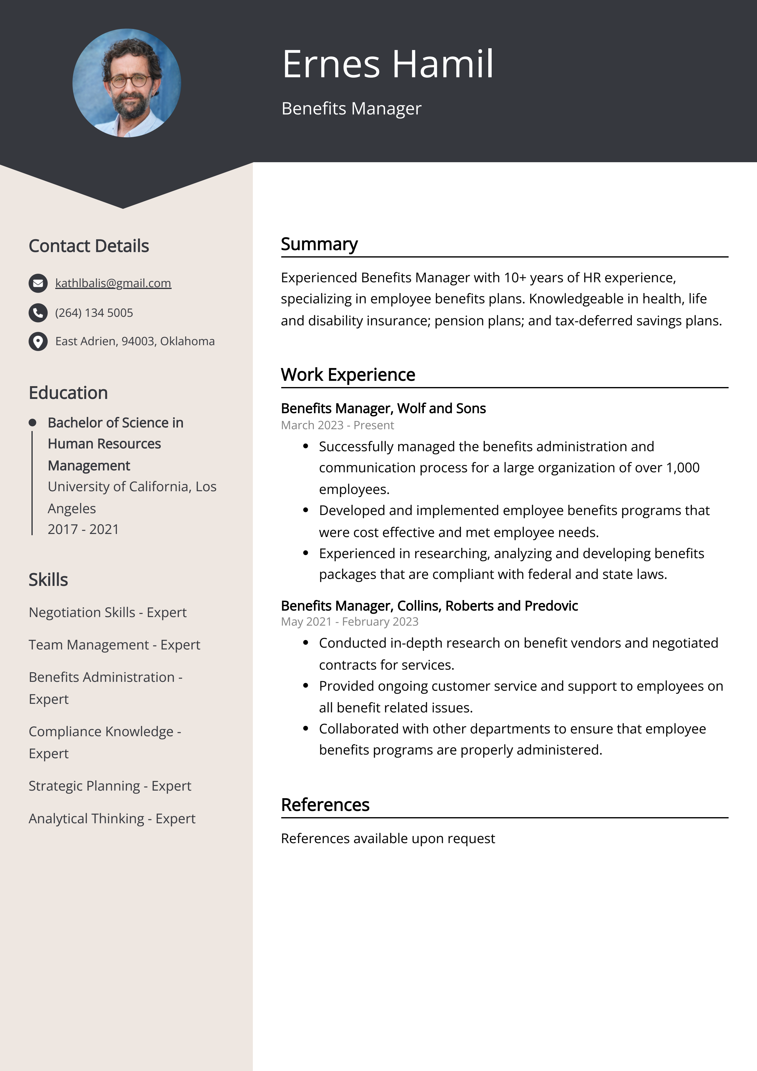 Benefits Manager Resume Example