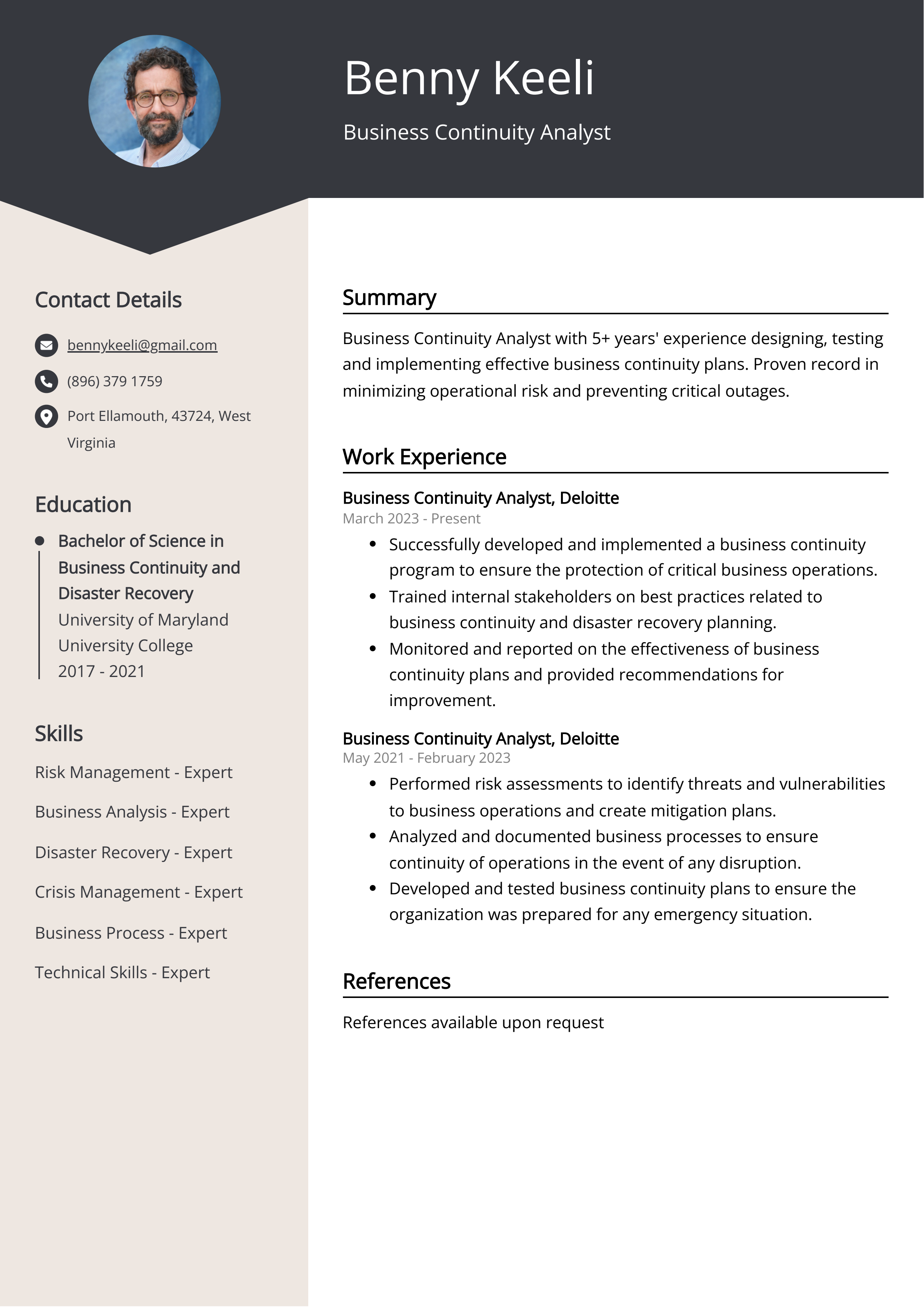 Business Continuity Analyst Resume Example