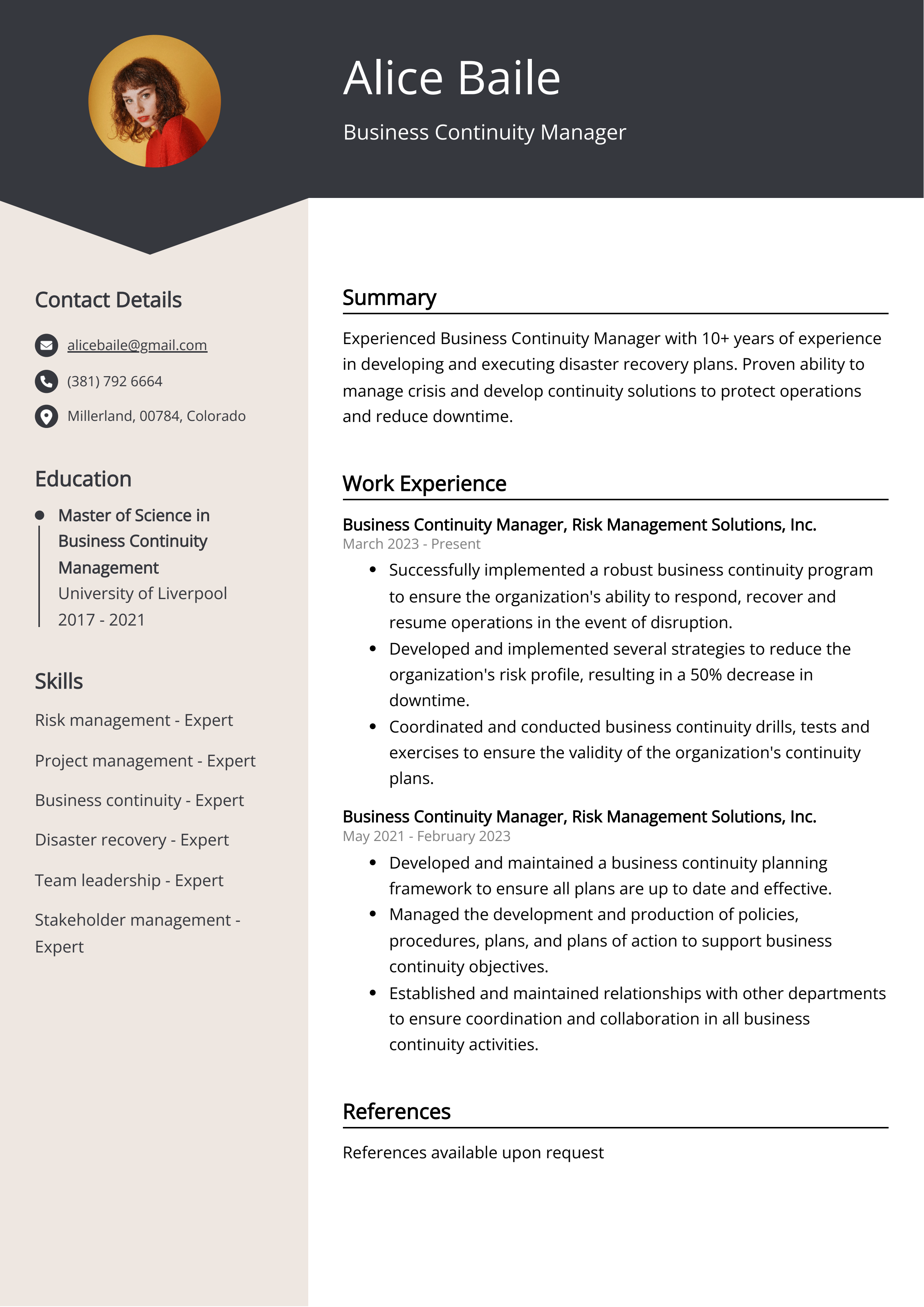 Business Continuity Manager Resume Example