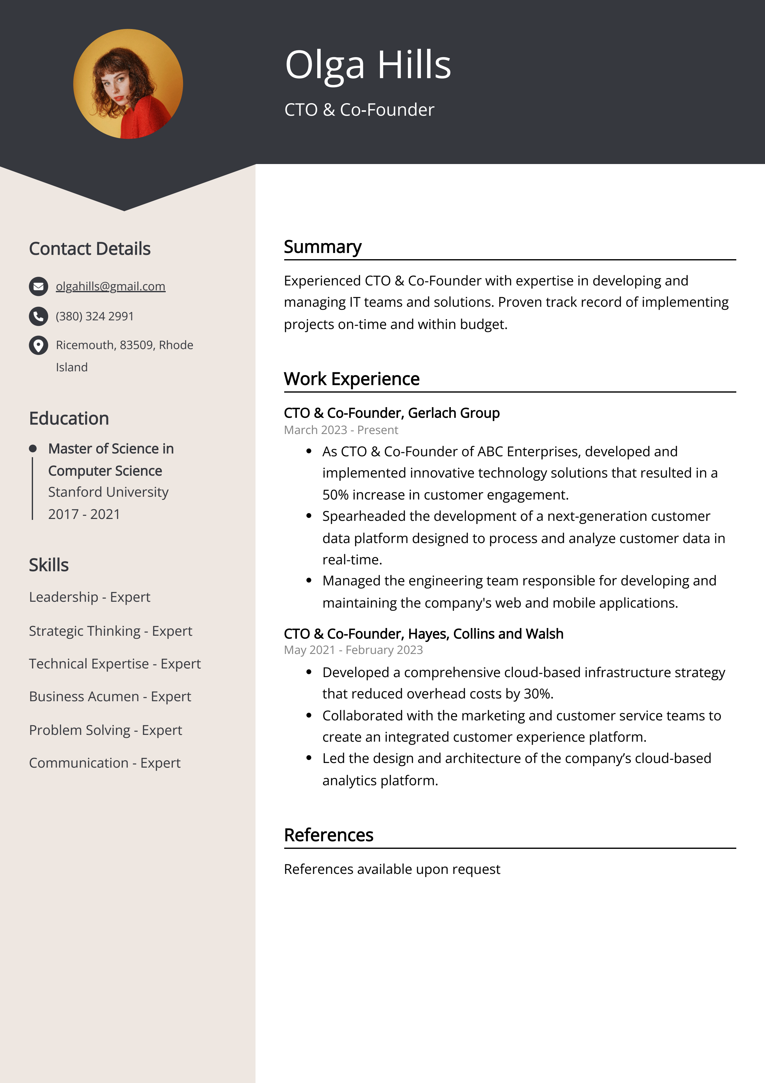 CTO and Co-Founder Resume Example