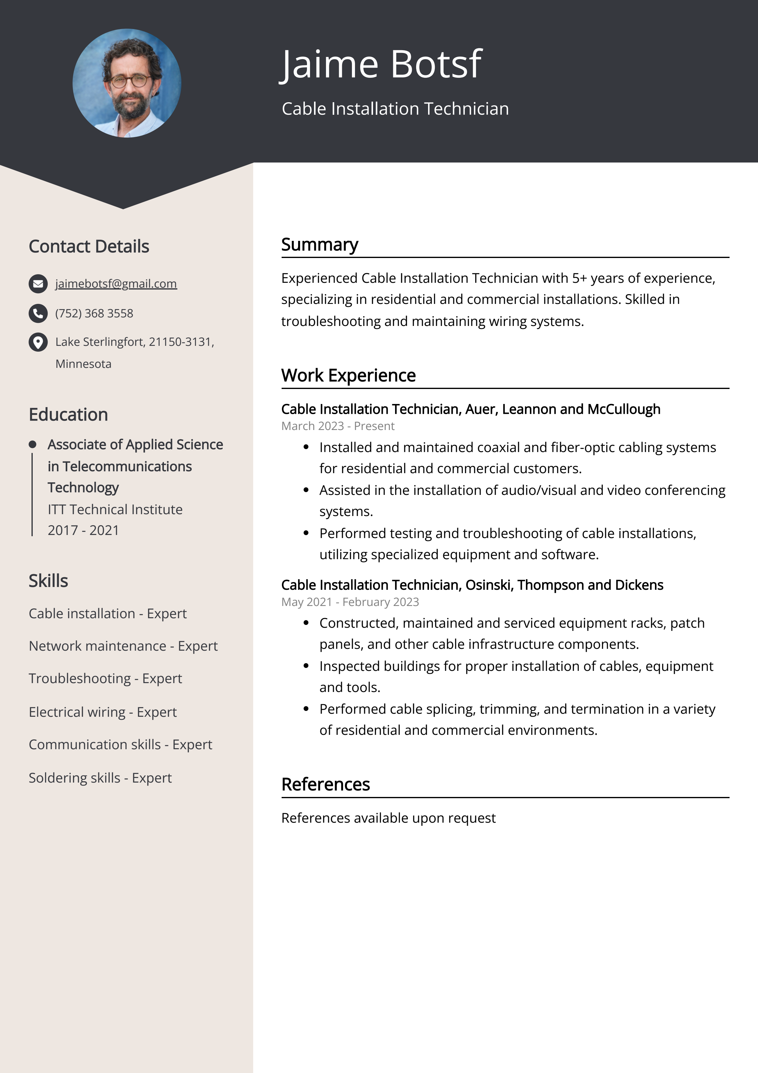Cable Installation Technician Resume Example